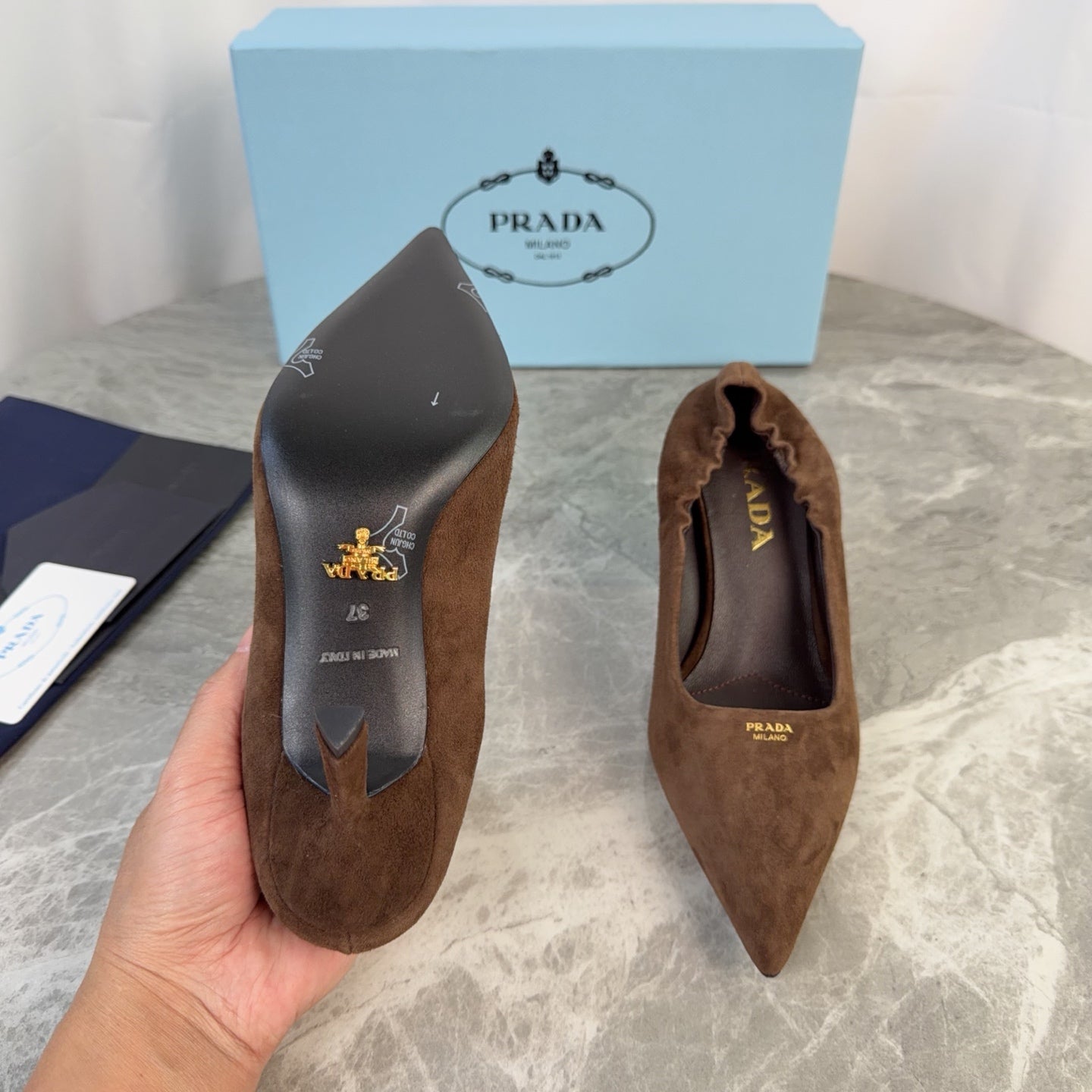 PRADA 25S HIGH HEELS 75 MM IN DARK BROWN SUEDE - 34