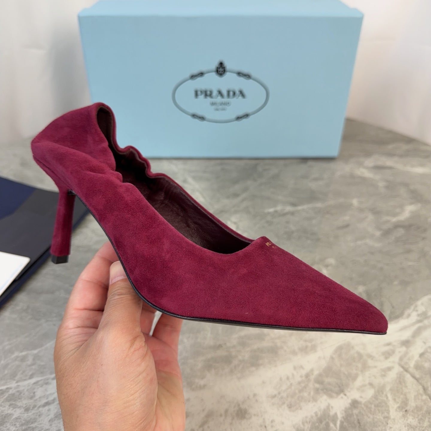 PRADA 25S HIGH HEELS 75 MM IN DARK RED SUEDE - 34