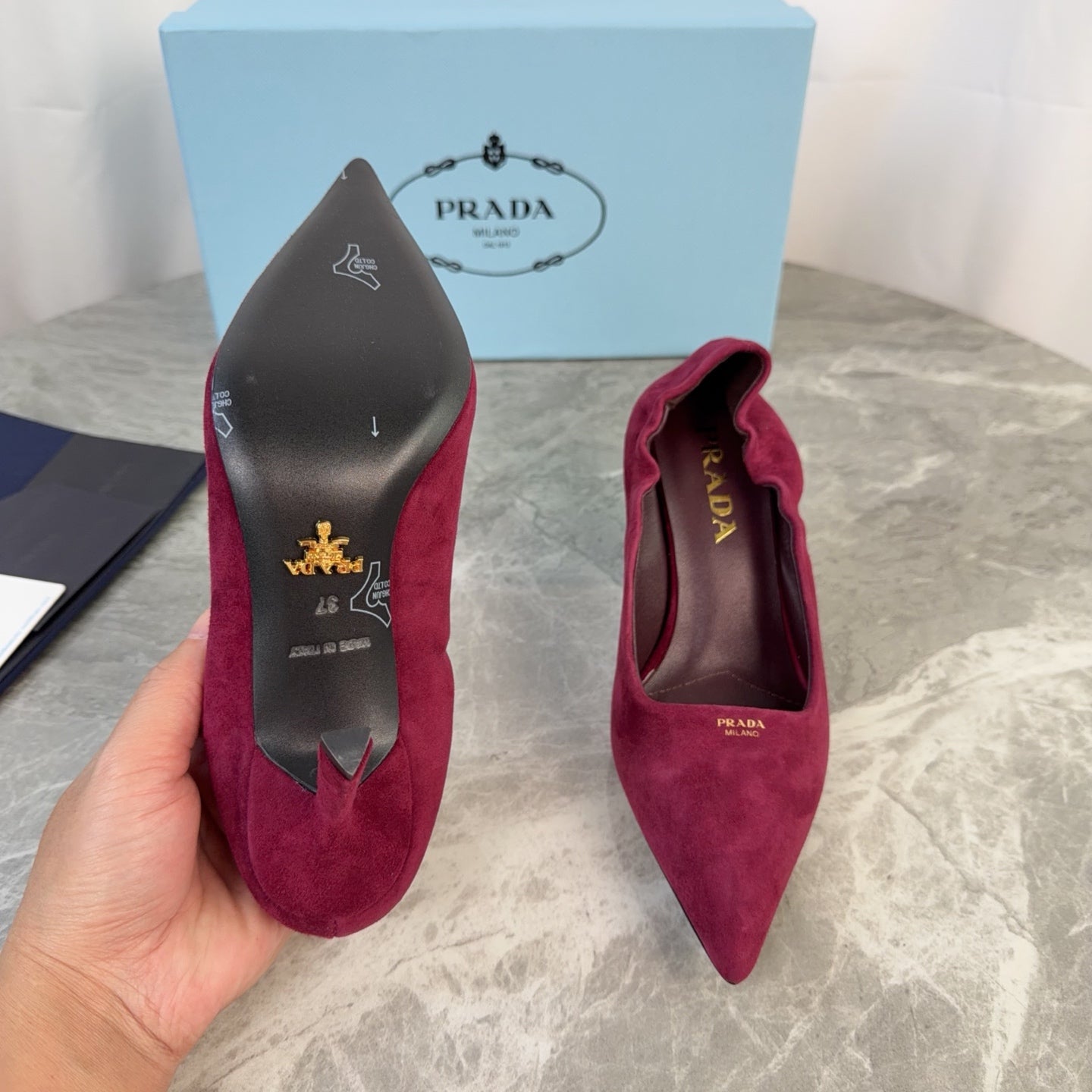 PRADA 25S HIGH HEELS 75 MM IN DARK RED SUEDE - 34