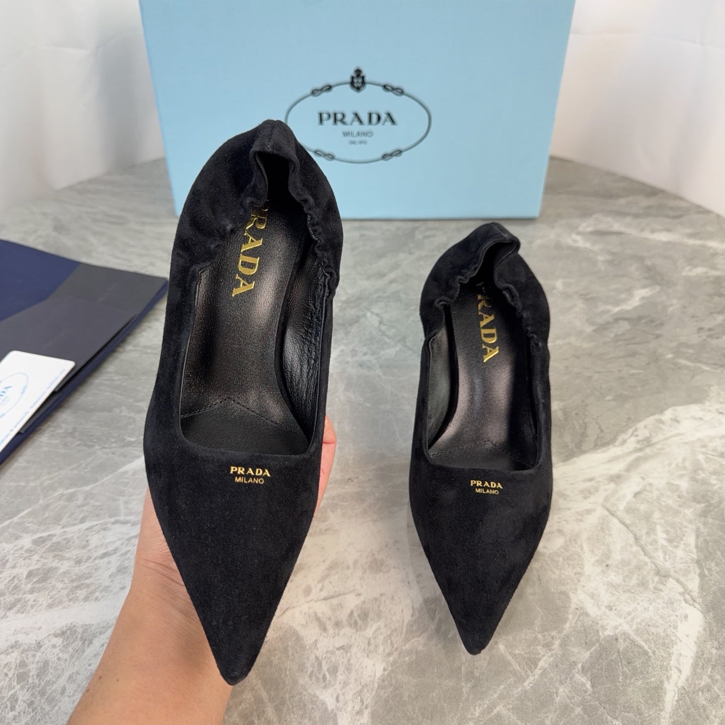 PRADA 25S HIGH HEELS 75 MM IN BLACK SUEDE - 34