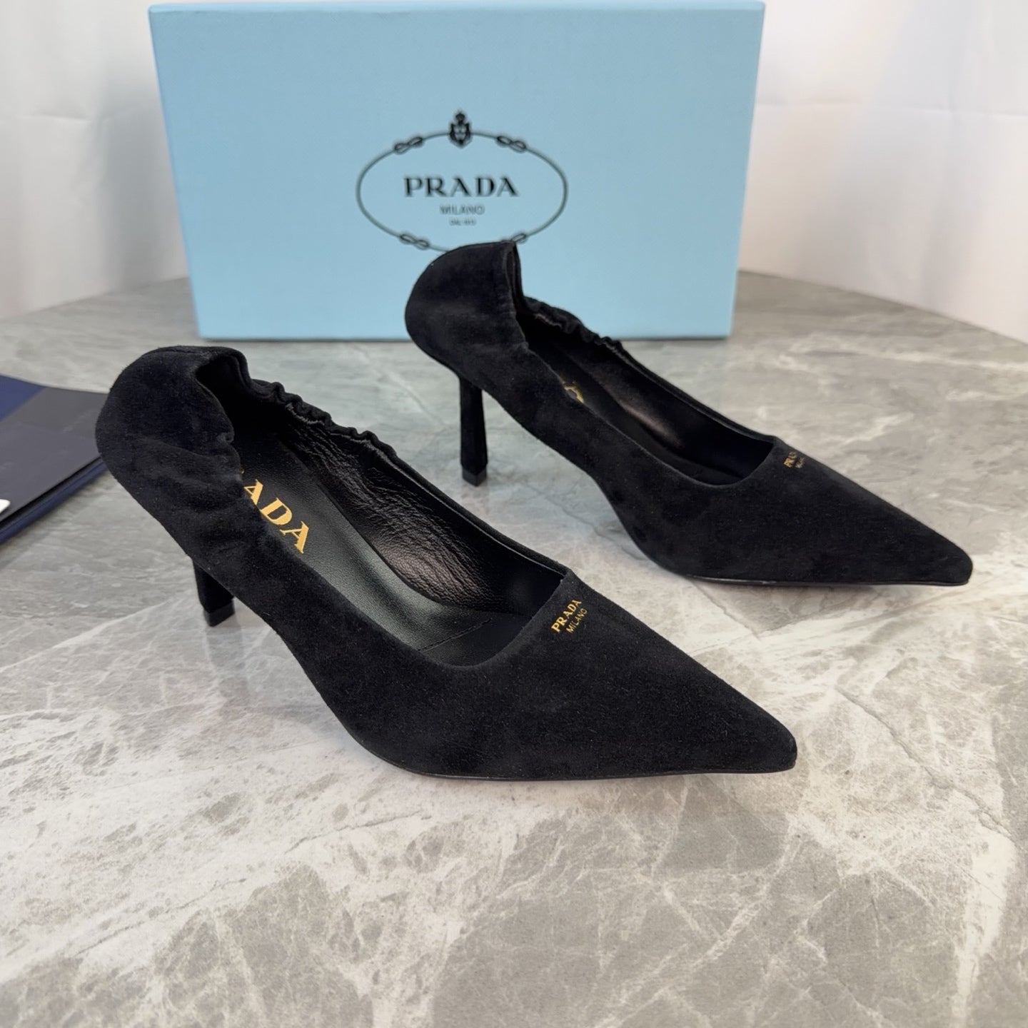 PRADA 25S HIGH HEELS 75 MM IN BLACK SUEDE - 34
