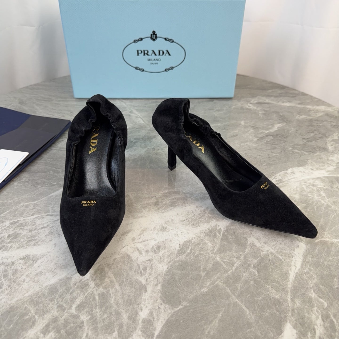PRADA 25S HIGH HEELS 75 MM IN BLACK SUEDE - 34