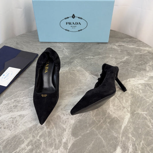PRADA 25S HIGH HEELS 75 MM IN BLACK SUEDE - 34