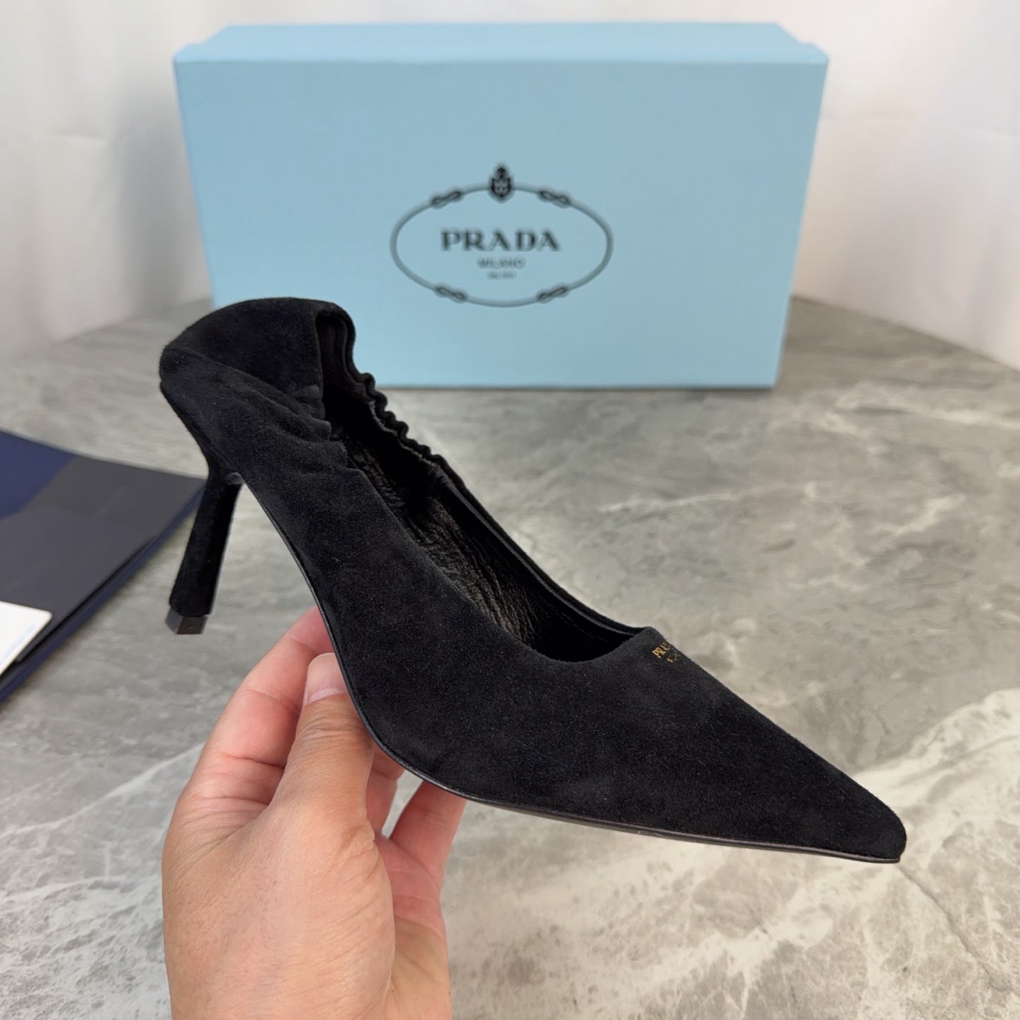 PRADA 25S HIGH HEELS 75 MM IN BLACK SUEDE - 34