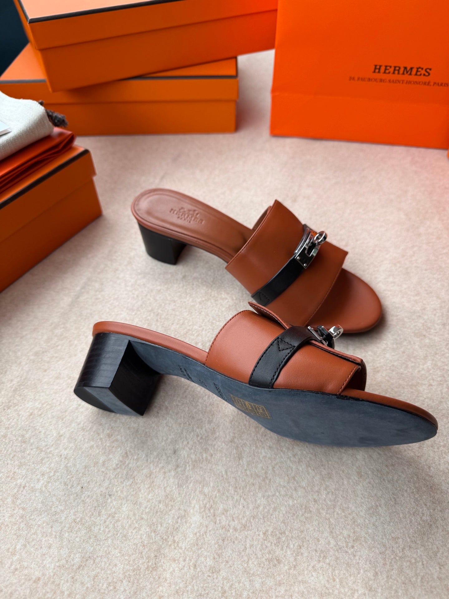 HIGH MULES IN BRONZE BROWN MIX BLACK CALFSKIN - 34