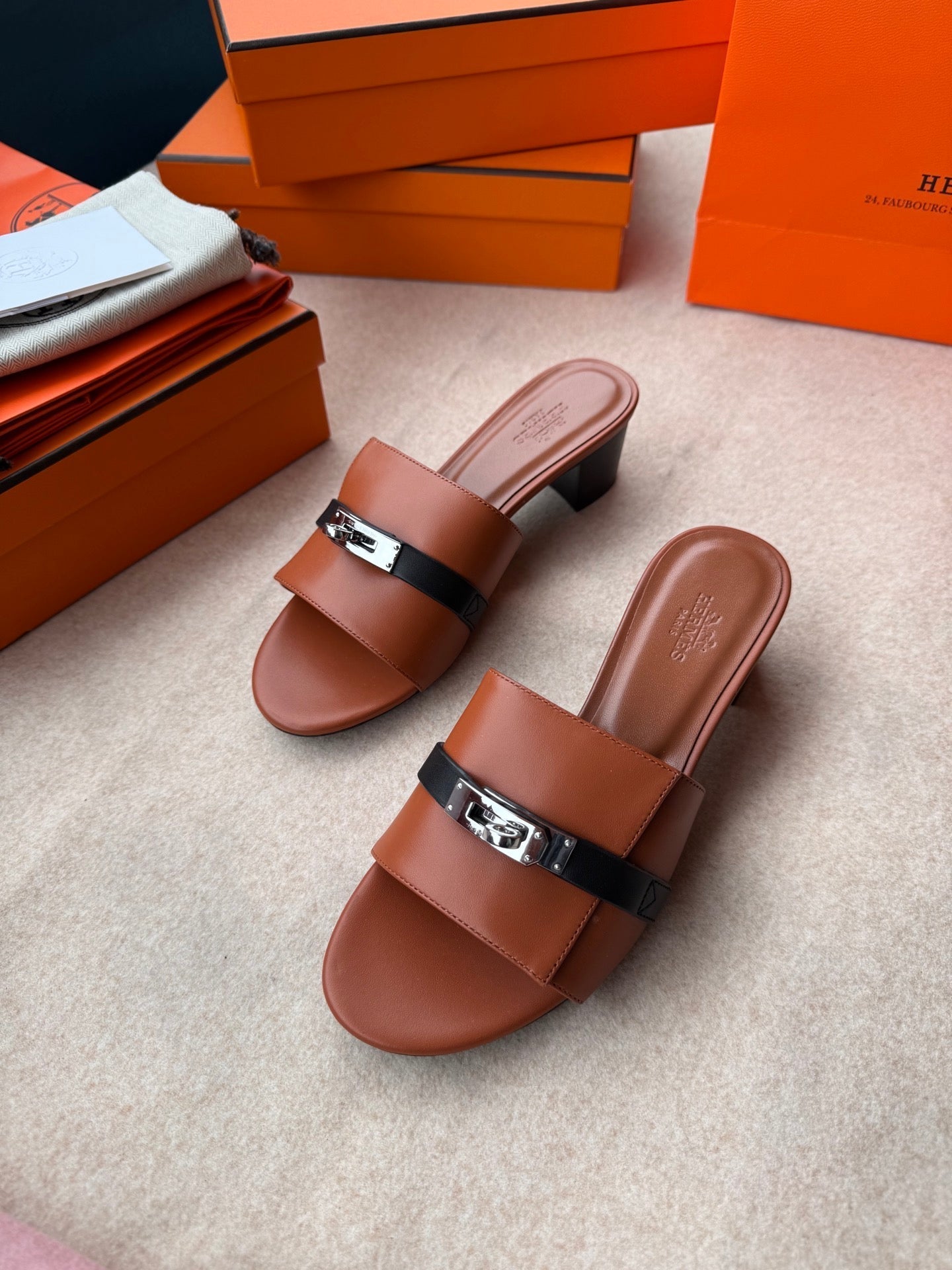 HIGH MULES IN BRONZE BROWN MIX BLACK CALFSKIN - 34