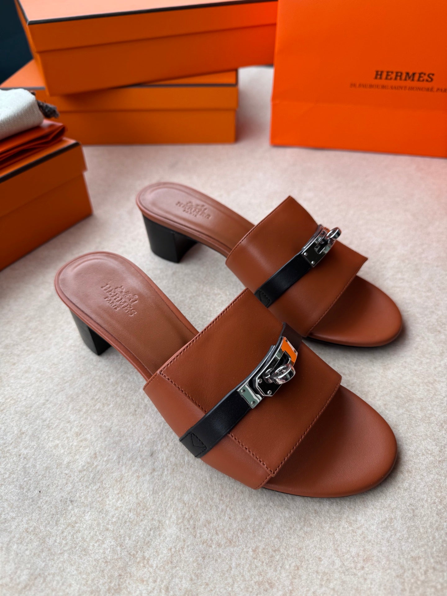 HIGH MULES IN BRONZE BROWN MIX BLACK CALFSKIN - 34