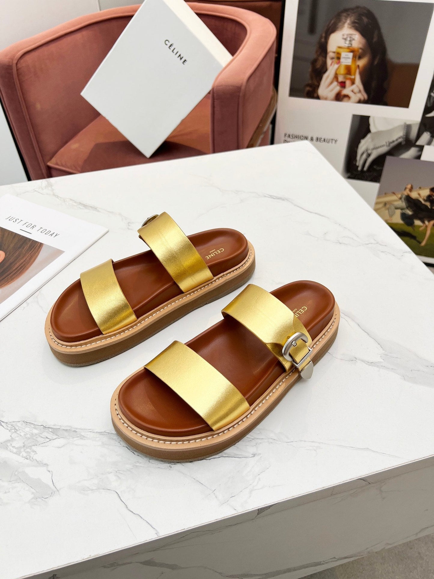 TWO-STRAP SANDALS IN GOLD CALFSKIN - 35
