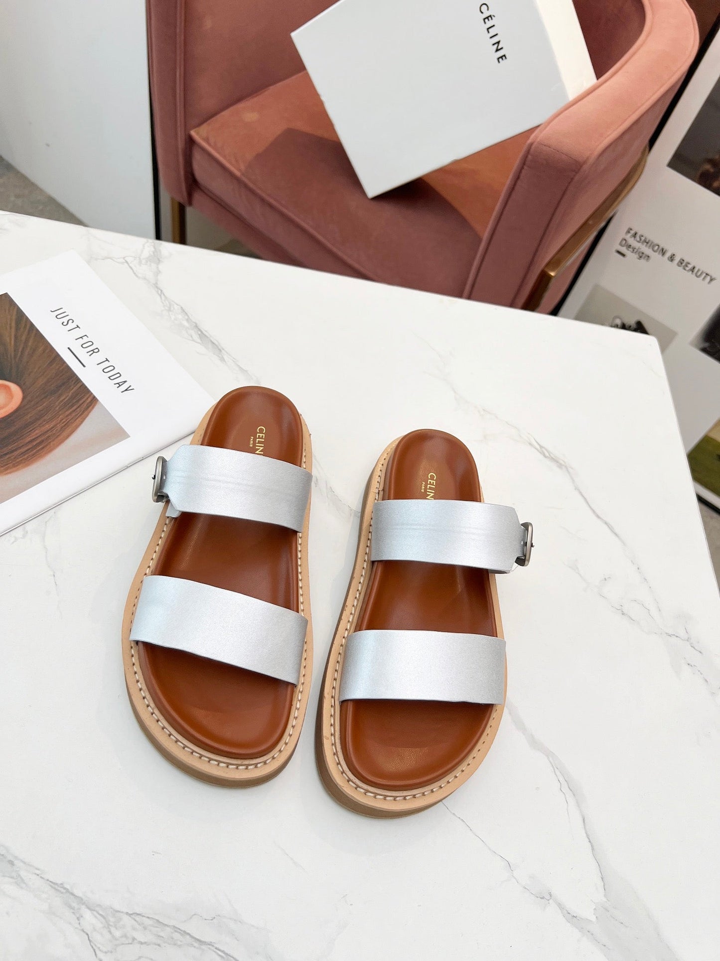 TWO-STRAP SANDALS IN SILVER CALFSKIN - 35