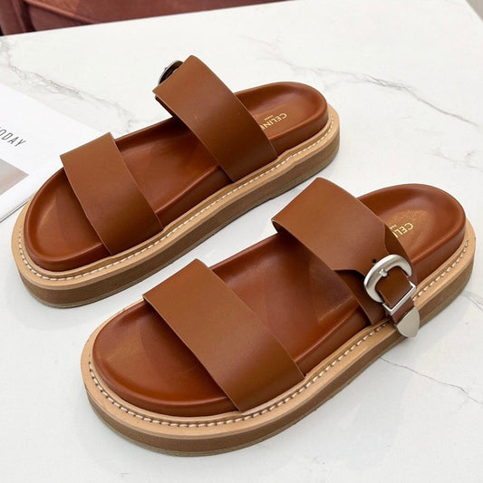 TWO-STRAP SANDALS IN BRONZE BROWN CALFSKIN - 35
