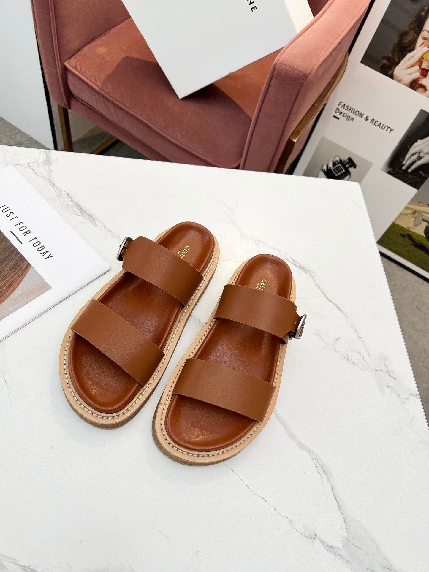 TWO-STRAP SANDALS IN BRONZE BROWN CALFSKIN - 35