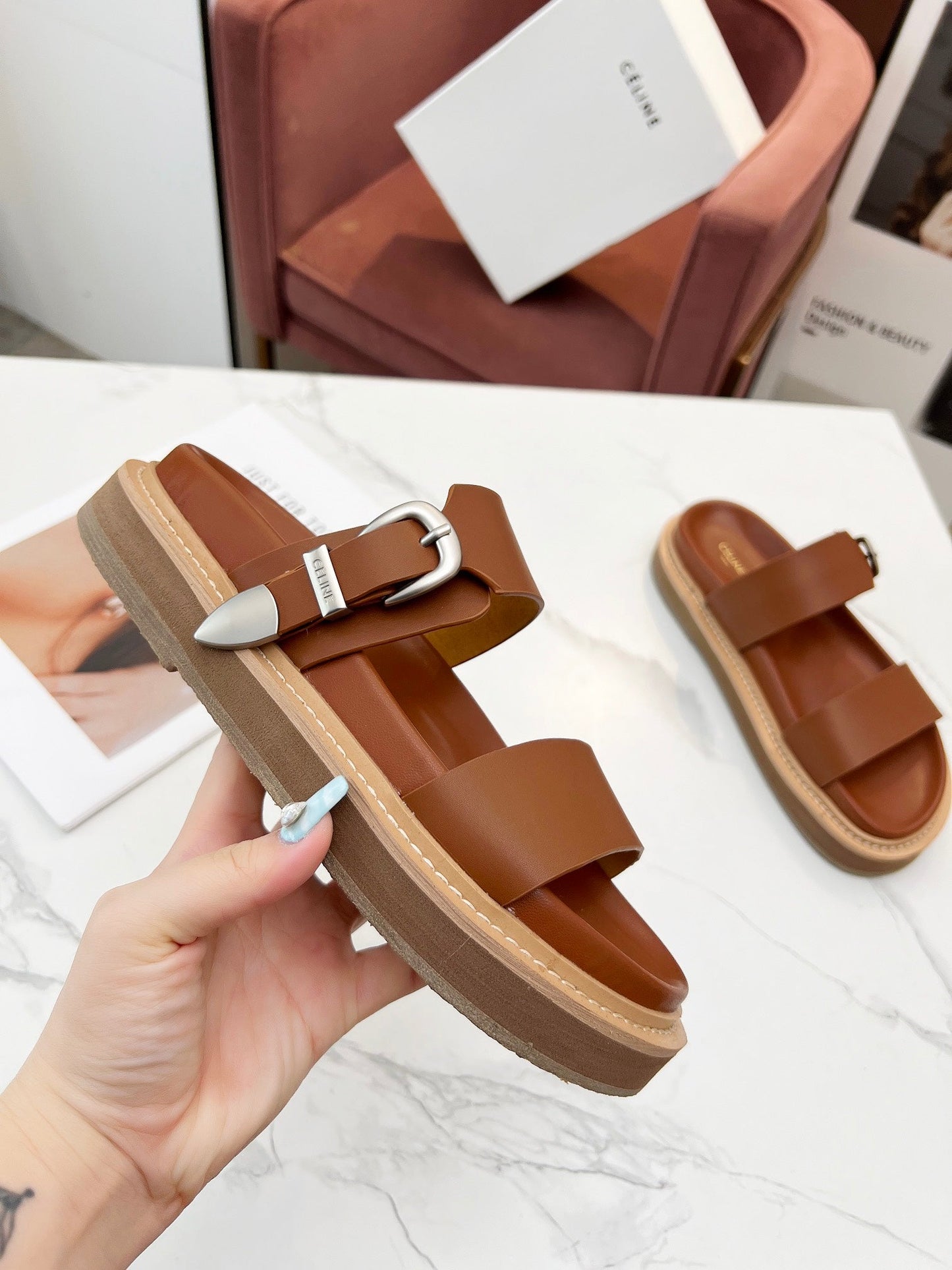 TWO-STRAP SANDALS IN BRONZE BROWN CALFSKIN - 35