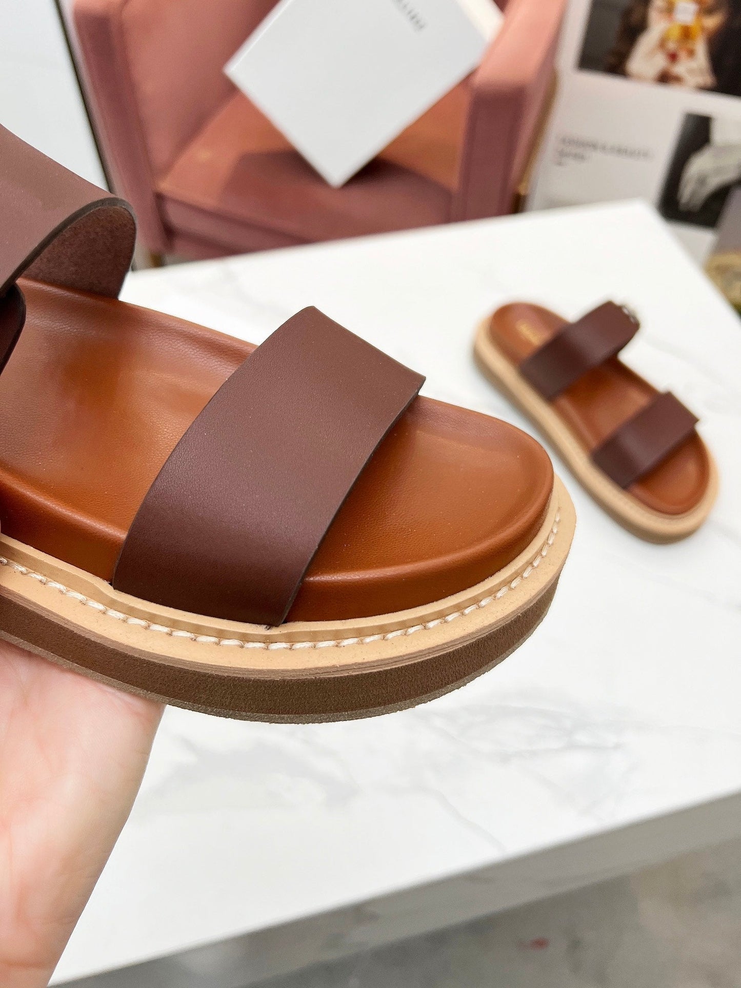 TWO-STRAP SANDALS IN CHESTNUT BROWN CALFSKIN - 35