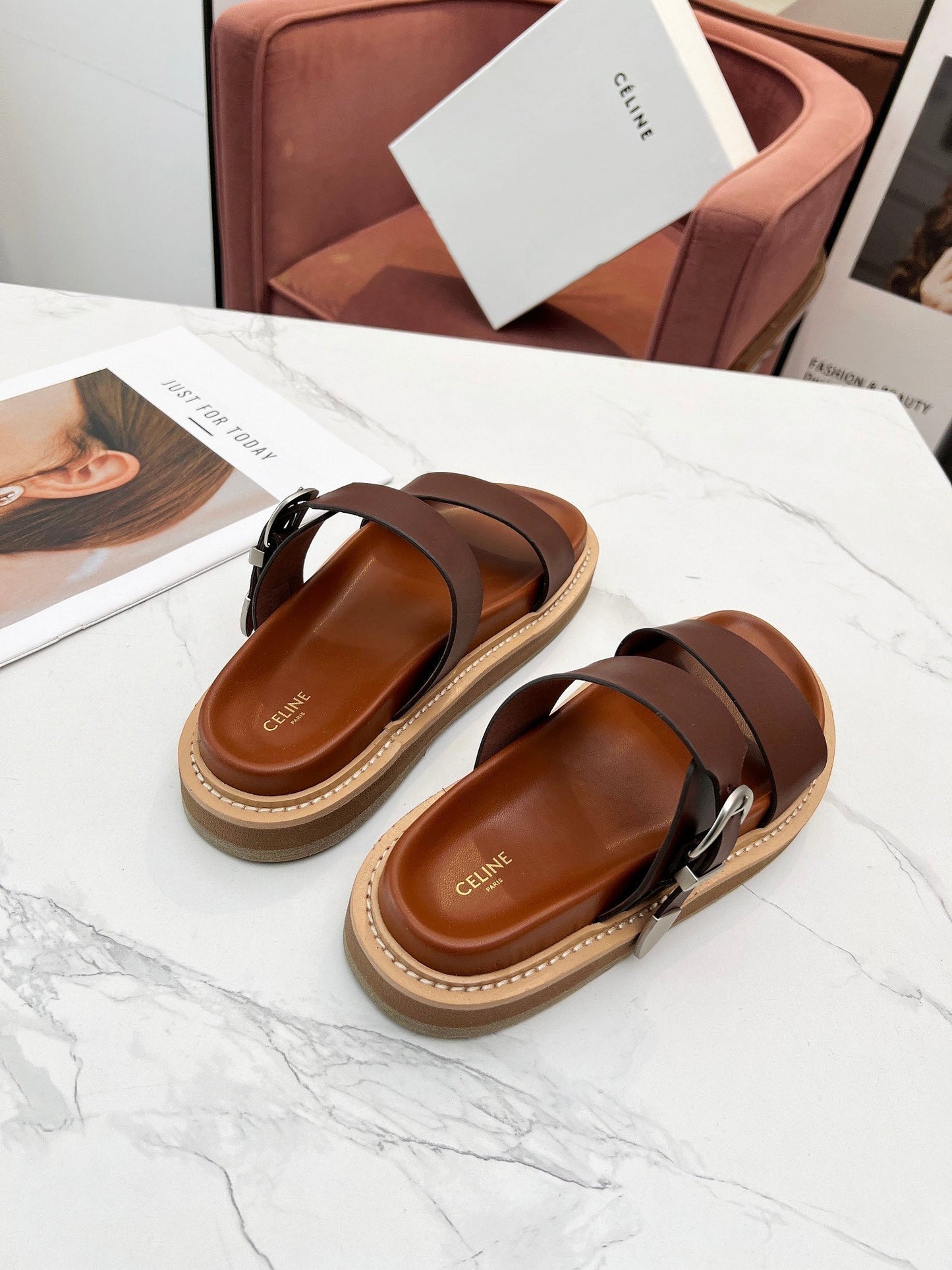 TWO-STRAP SANDALS IN CHESTNUT BROWN CALFSKIN - 35