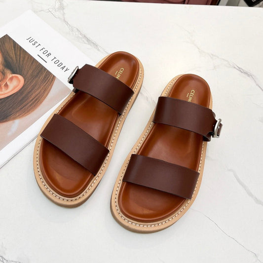TWO-STRAP SANDALS IN CHESTNUT BROWN CALFSKIN - 35