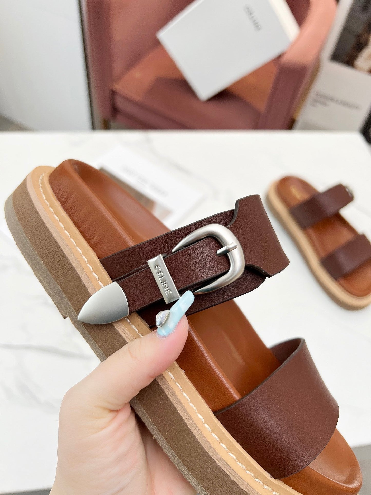 TWO-STRAP SANDALS IN CHESTNUT BROWN CALFSKIN - 35
