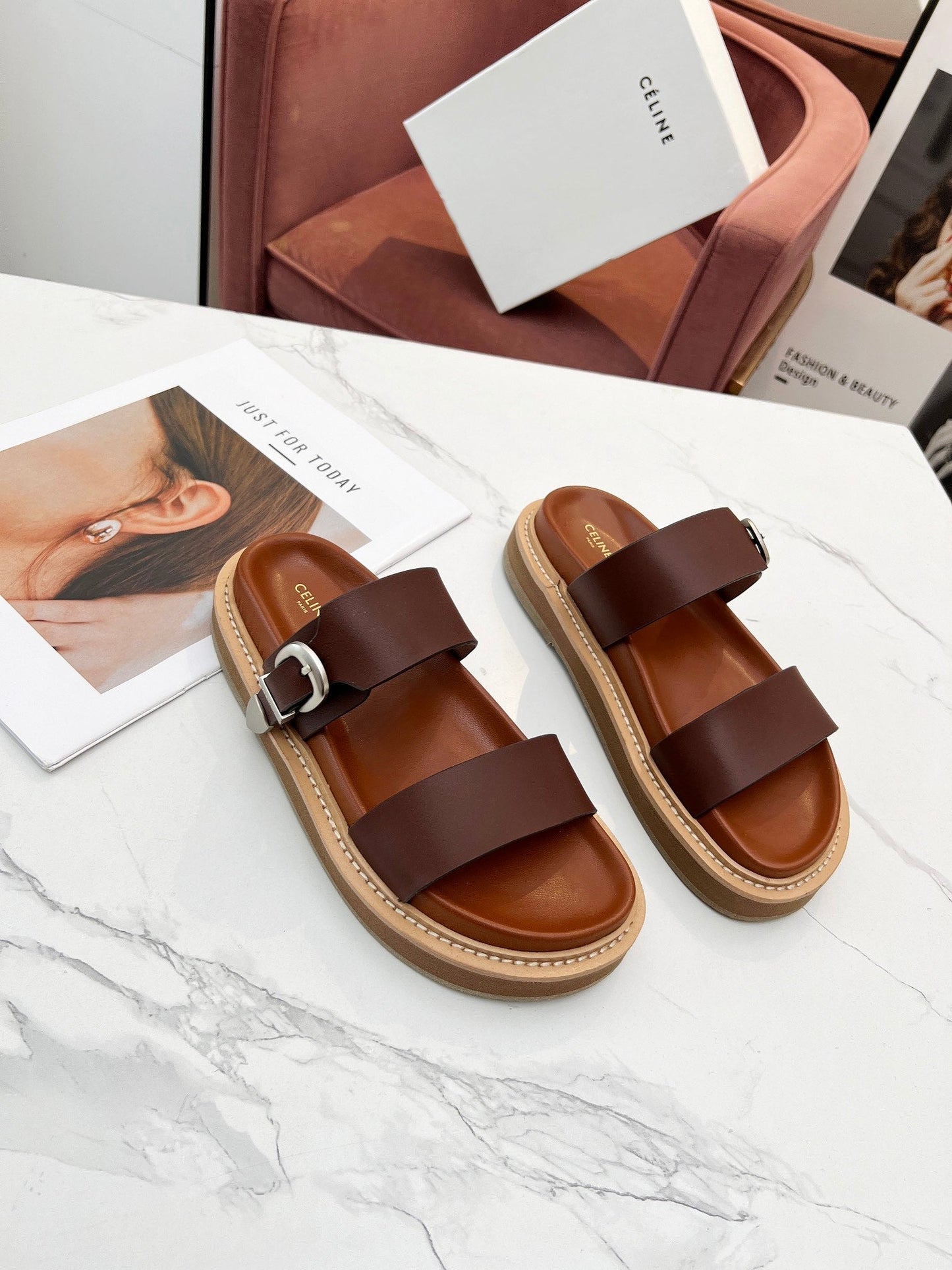 TWO-STRAP SANDALS IN CHESTNUT BROWN CALFSKIN - 35