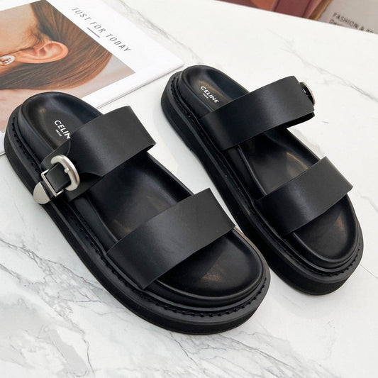 TWO-STRAP SANDALS IN BLACK CALFSKIN - 35