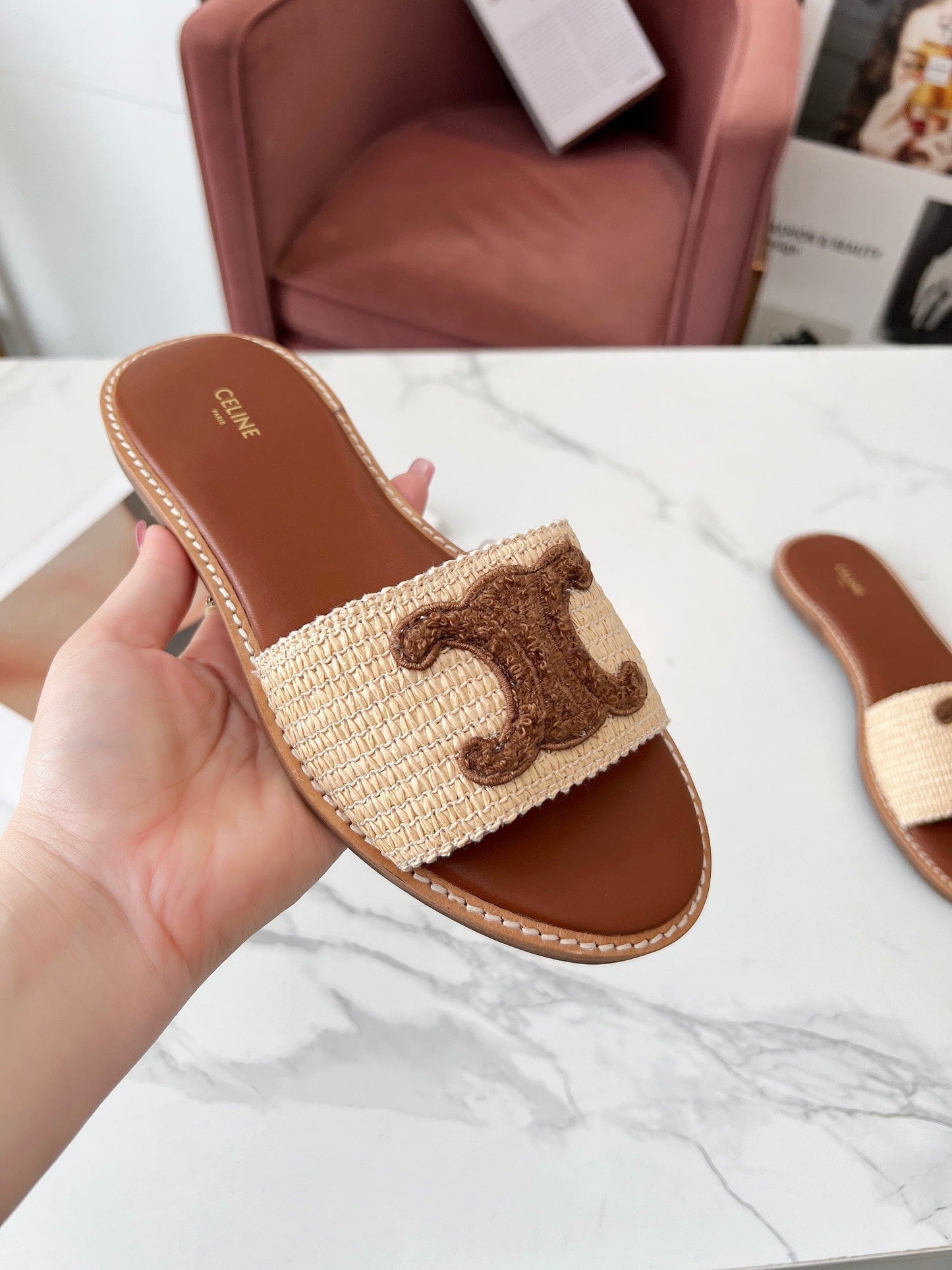 LYMPIA MULE BEIGE RAFFIA AND BROWN WOOL LOGO - 35