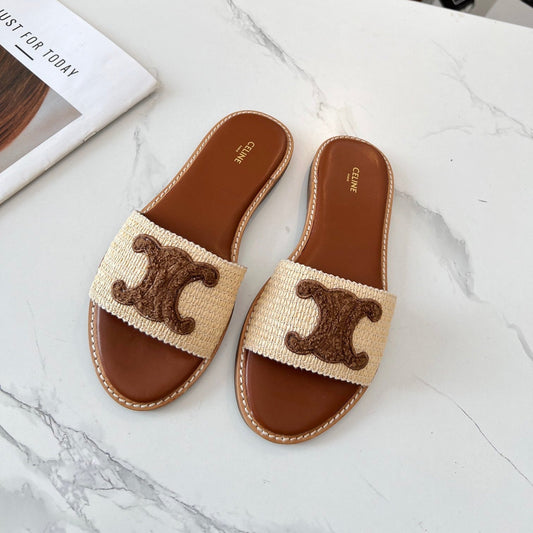 LYMPIA MULE BEIGE RAFFIA AND BROWN WOOL LOGO - 35