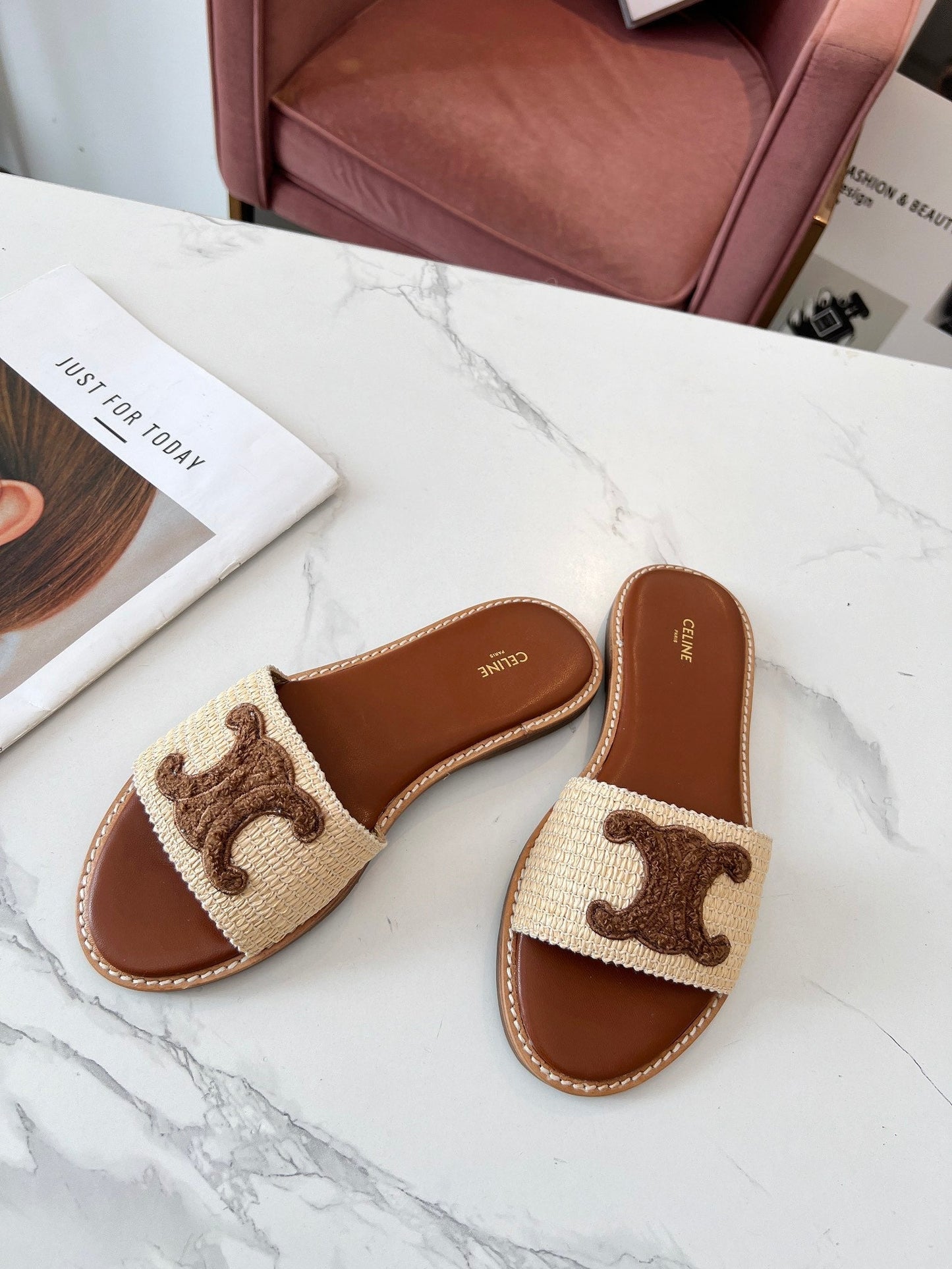 LYMPIA MULE BEIGE RAFFIA AND BROWN WOOL LOGO - 35
