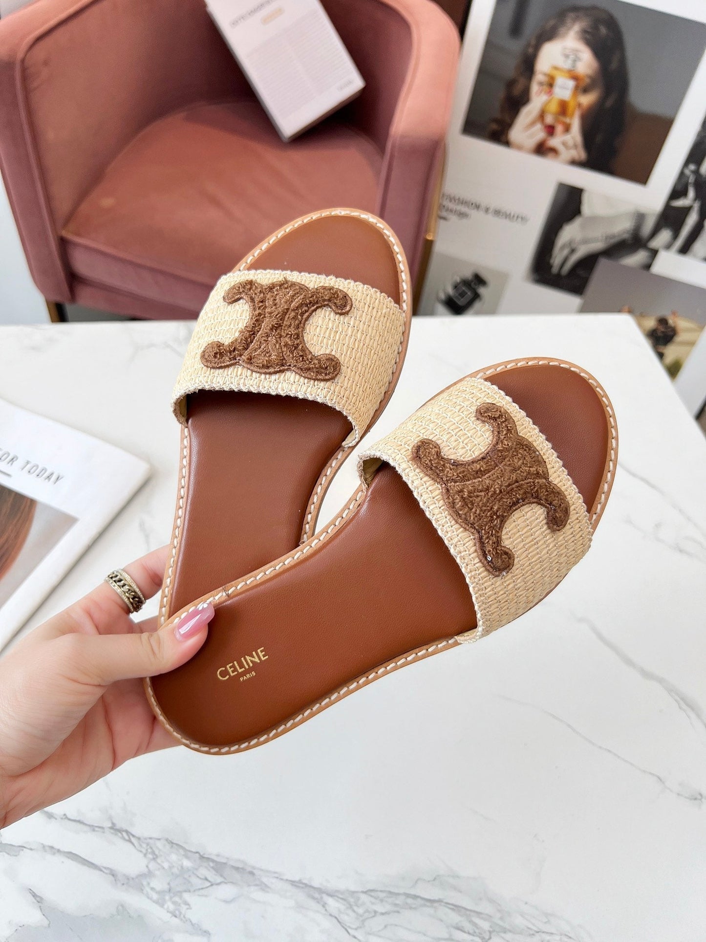 LYMPIA MULE BEIGE RAFFIA AND BROWN WOOL LOGO - 35