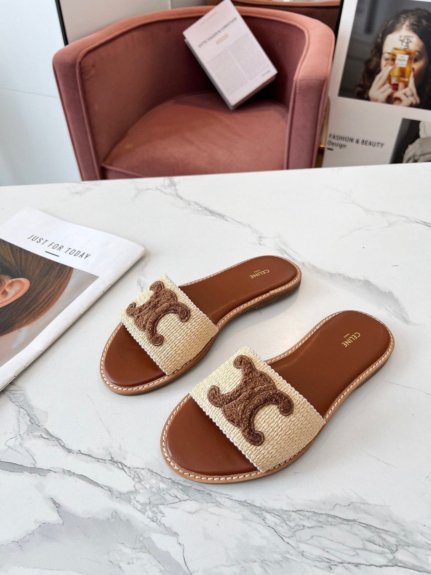 LYMPIA MULE BEIGE RAFFIA AND BROWN WOOL LOGO - 35