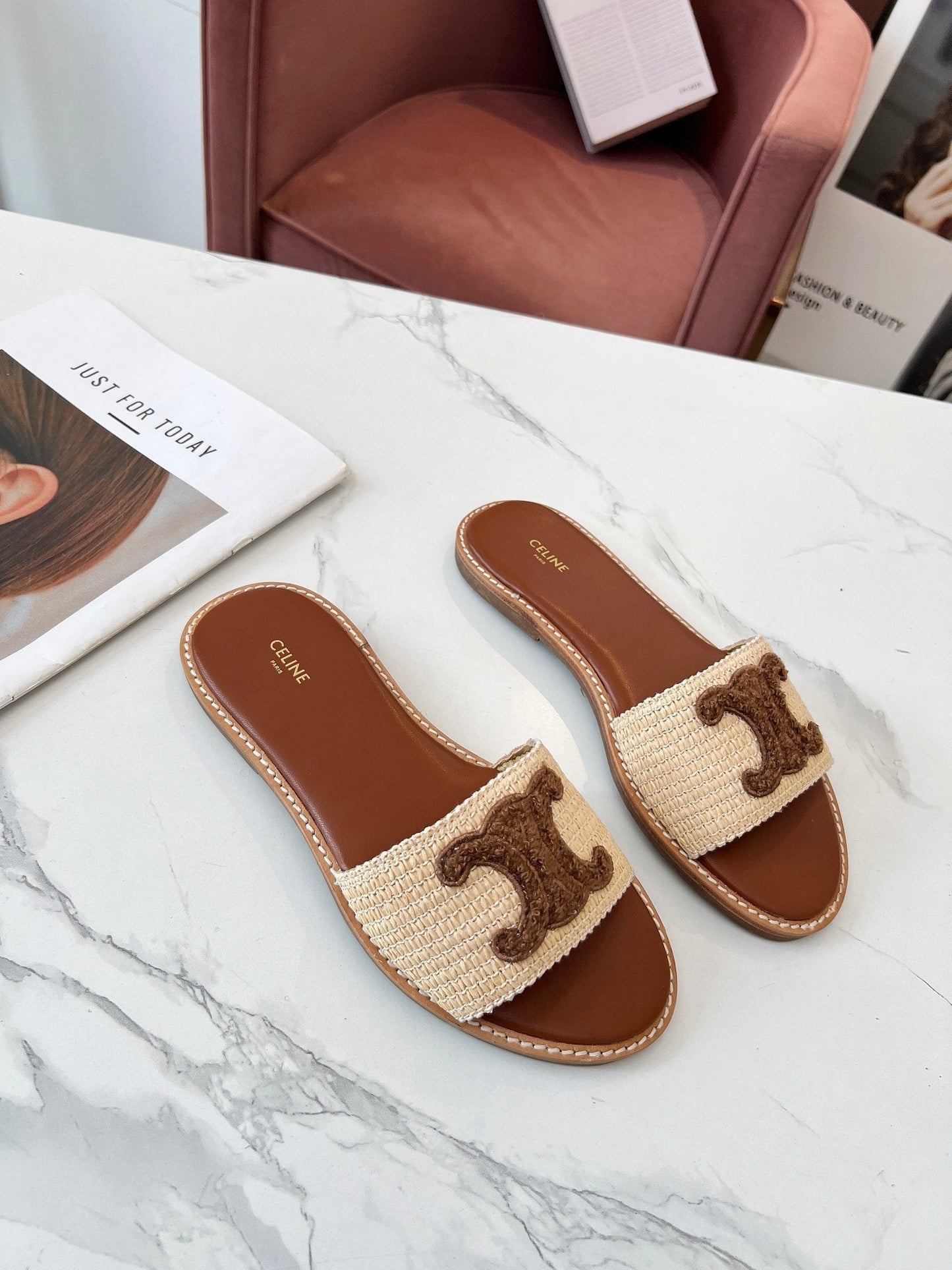 LYMPIA MULE BEIGE RAFFIA AND BROWN WOOL LOGO - 35