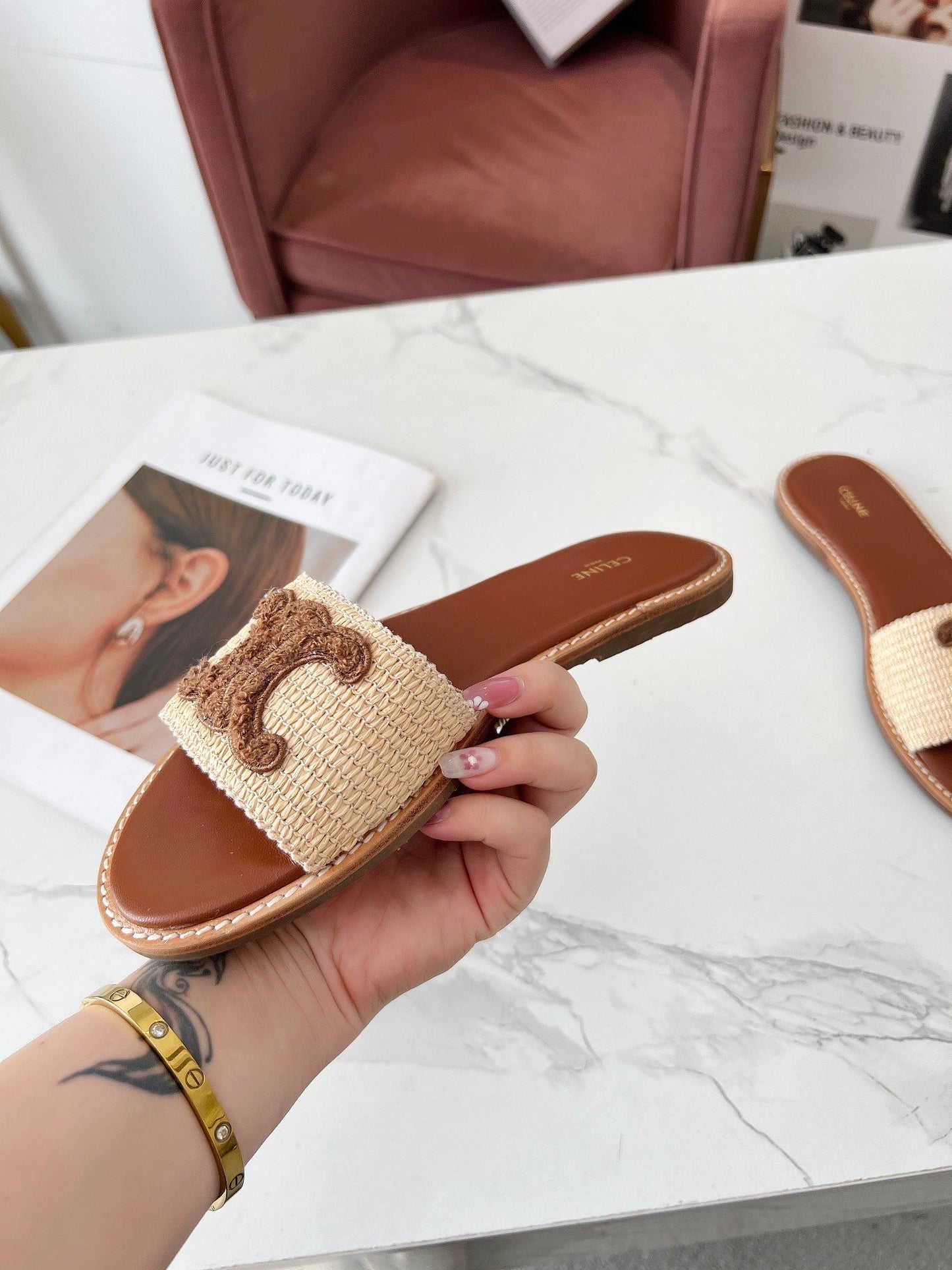 LYMPIA MULE BEIGE RAFFIA AND BROWN WOOL LOGO - 35