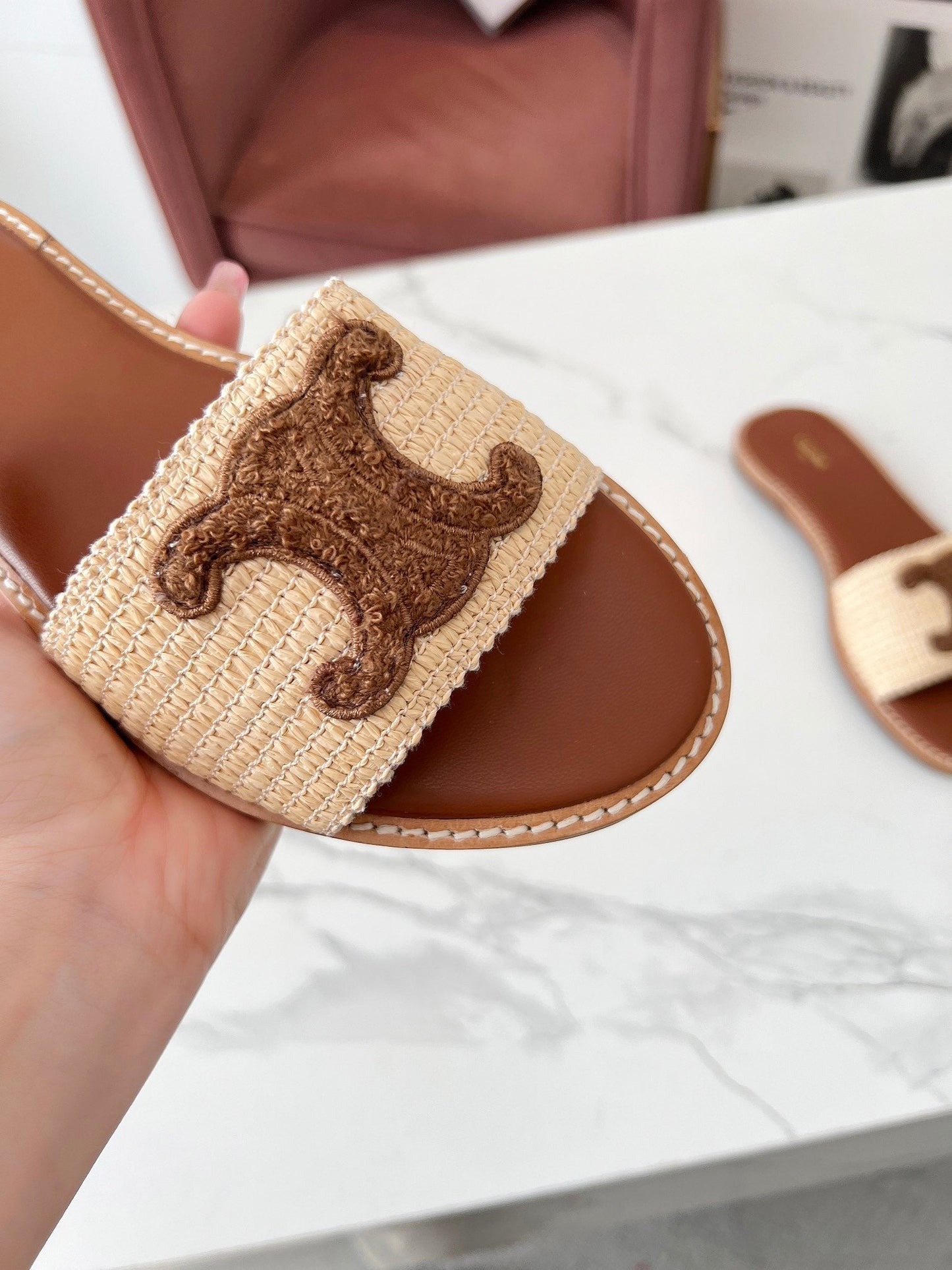 LYMPIA MULE BEIGE RAFFIA AND BROWN WOOL LOGO - 35