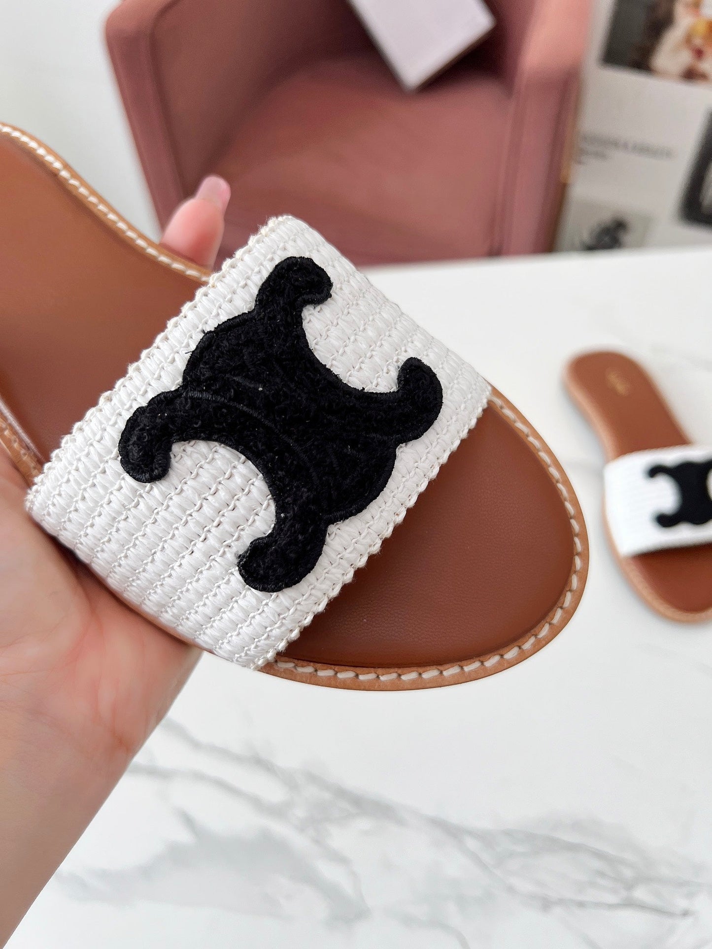 LYMPIA MULE WHITE RAFFIA AND BLACK WOOL LOGO - 35