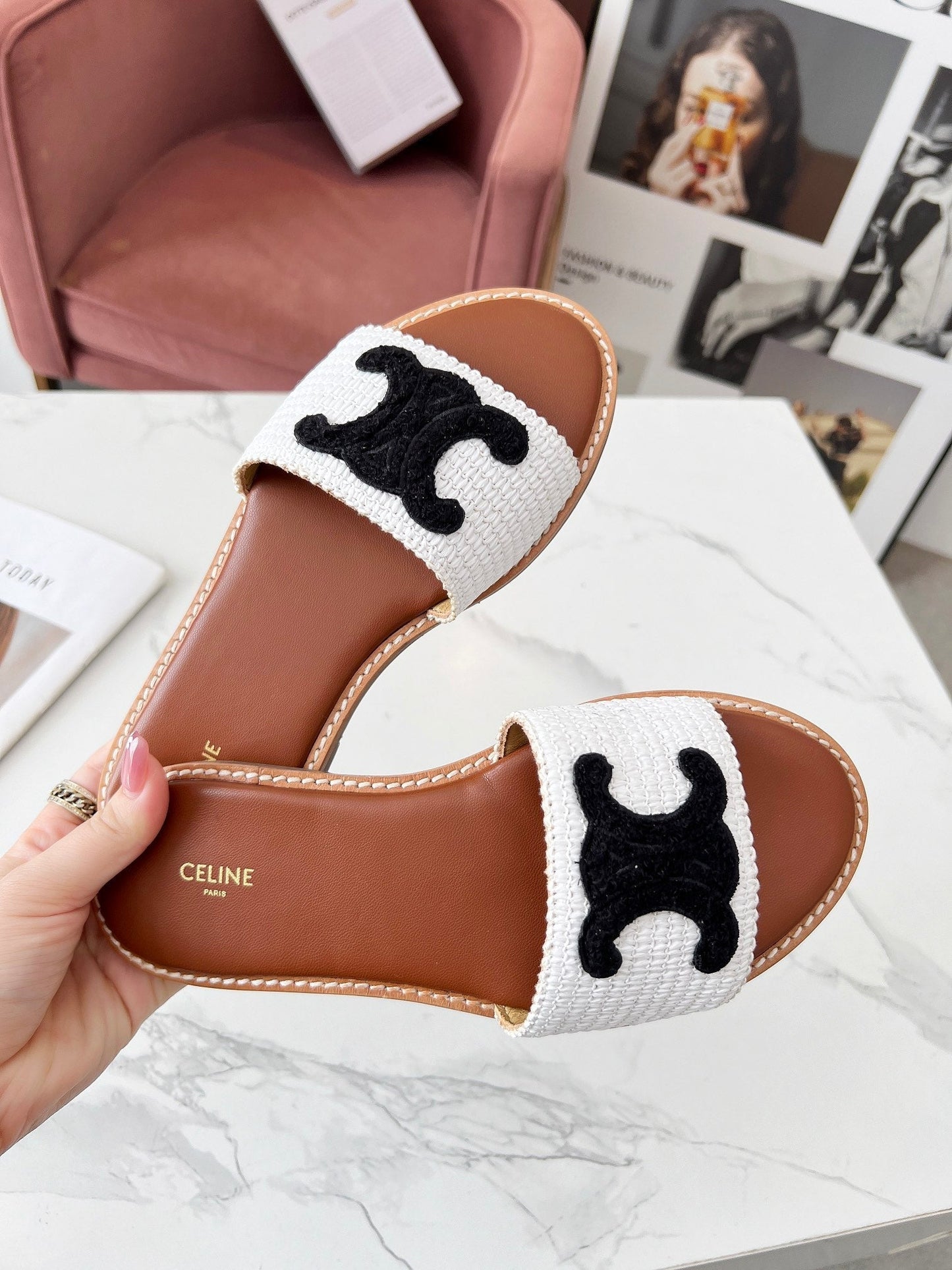LYMPIA MULE WHITE RAFFIA AND BLACK WOOL LOGO - 35