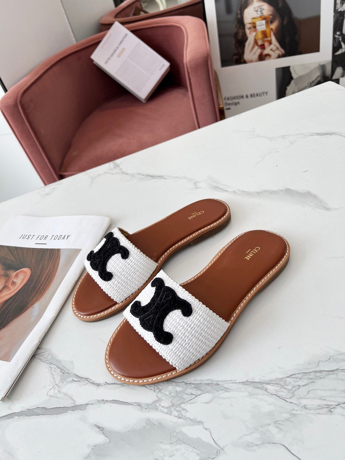 LYMPIA MULE WHITE RAFFIA AND BLACK WOOL LOGO - 35
