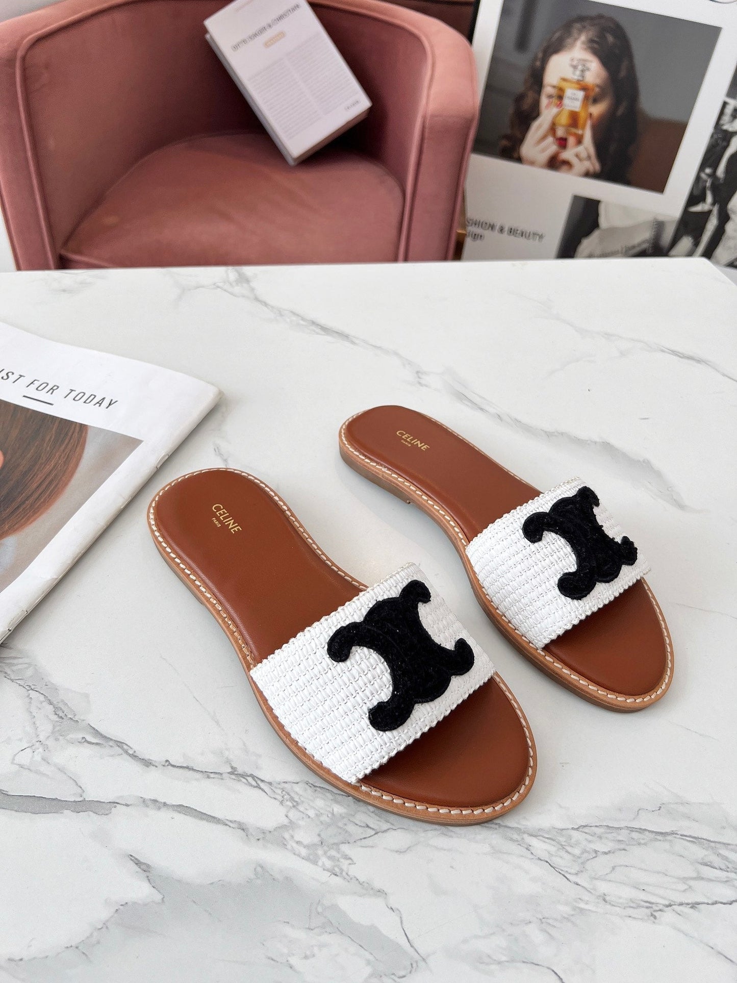 LYMPIA MULE WHITE RAFFIA AND BLACK WOOL LOGO - 35