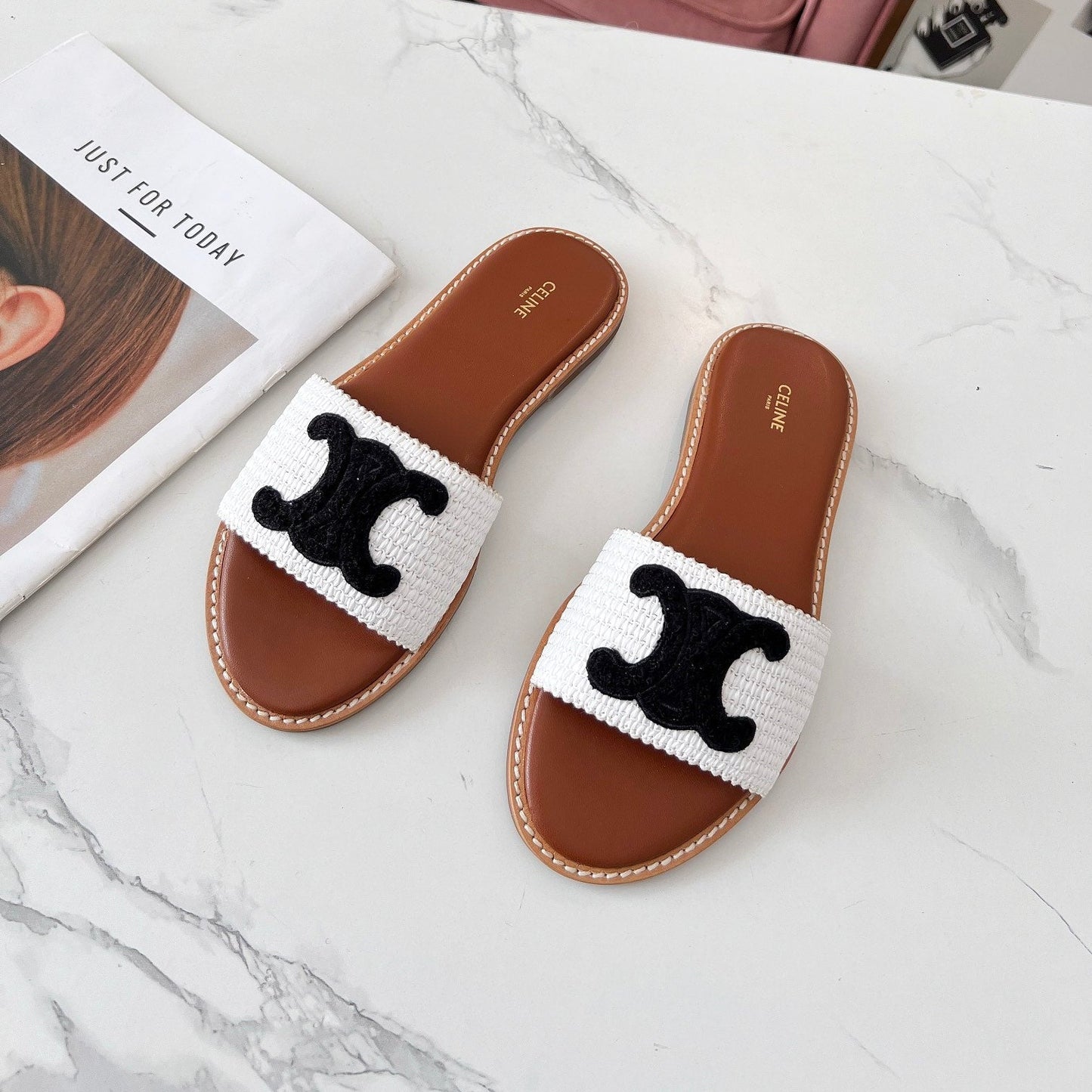 LYMPIA MULE WHITE RAFFIA AND BLACK WOOL LOGO - 35