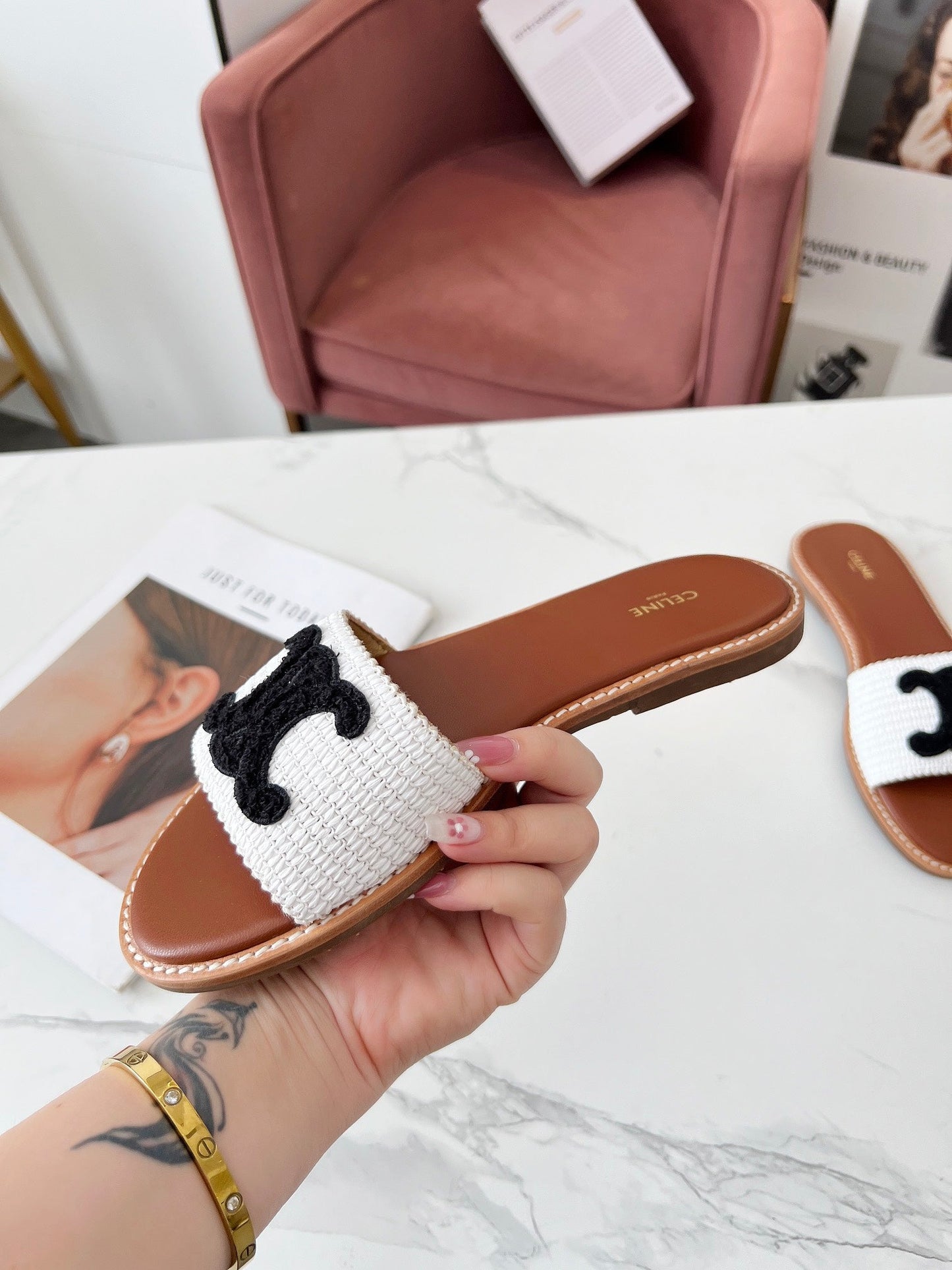 LYMPIA MULE WHITE RAFFIA AND BLACK WOOL LOGO - 35