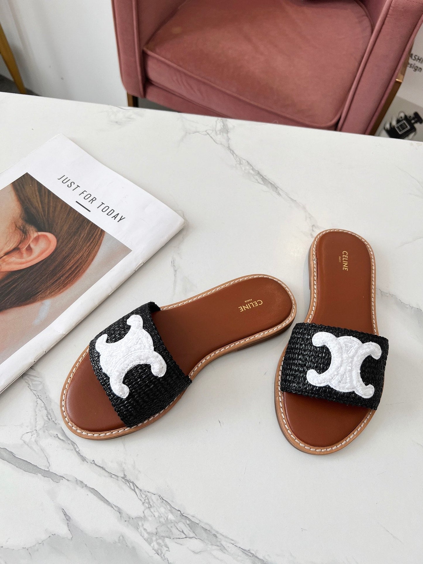 LYMPIA MULE BLACK RAFFIA AND WHITE WOOL LOGO - 35