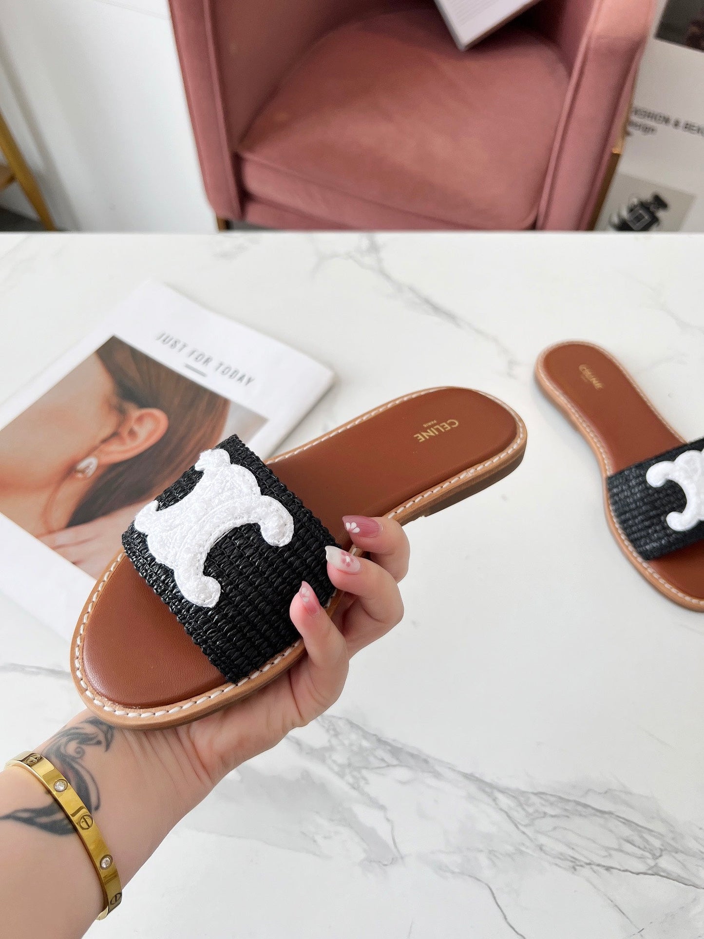 LYMPIA MULE BLACK RAFFIA AND WHITE WOOL LOGO - 35