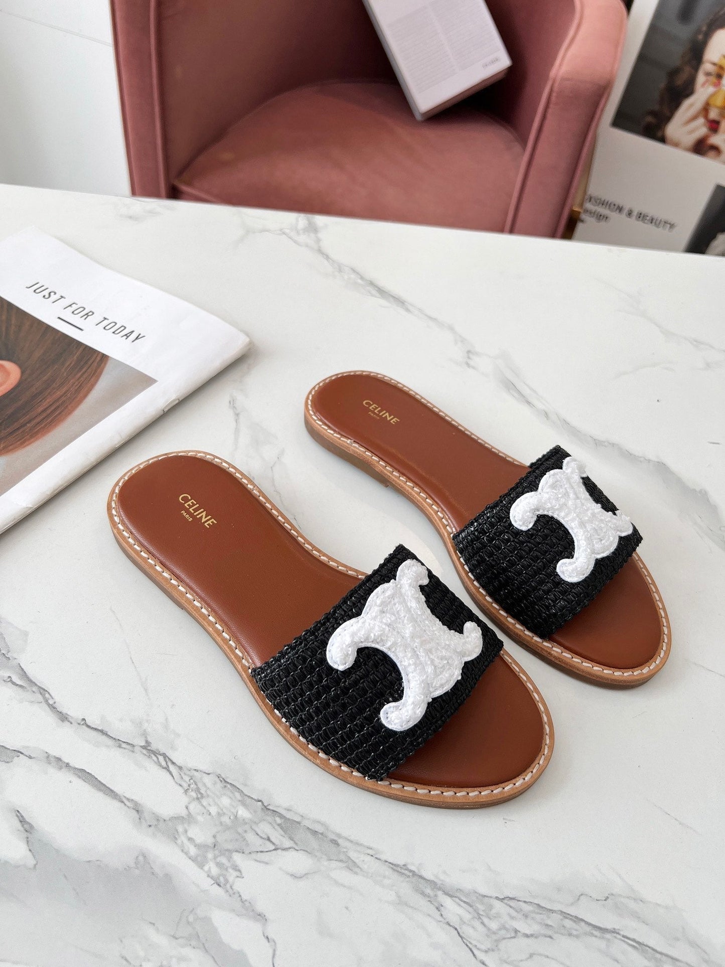 LYMPIA MULE BLACK RAFFIA AND WHITE WOOL LOGO - 35