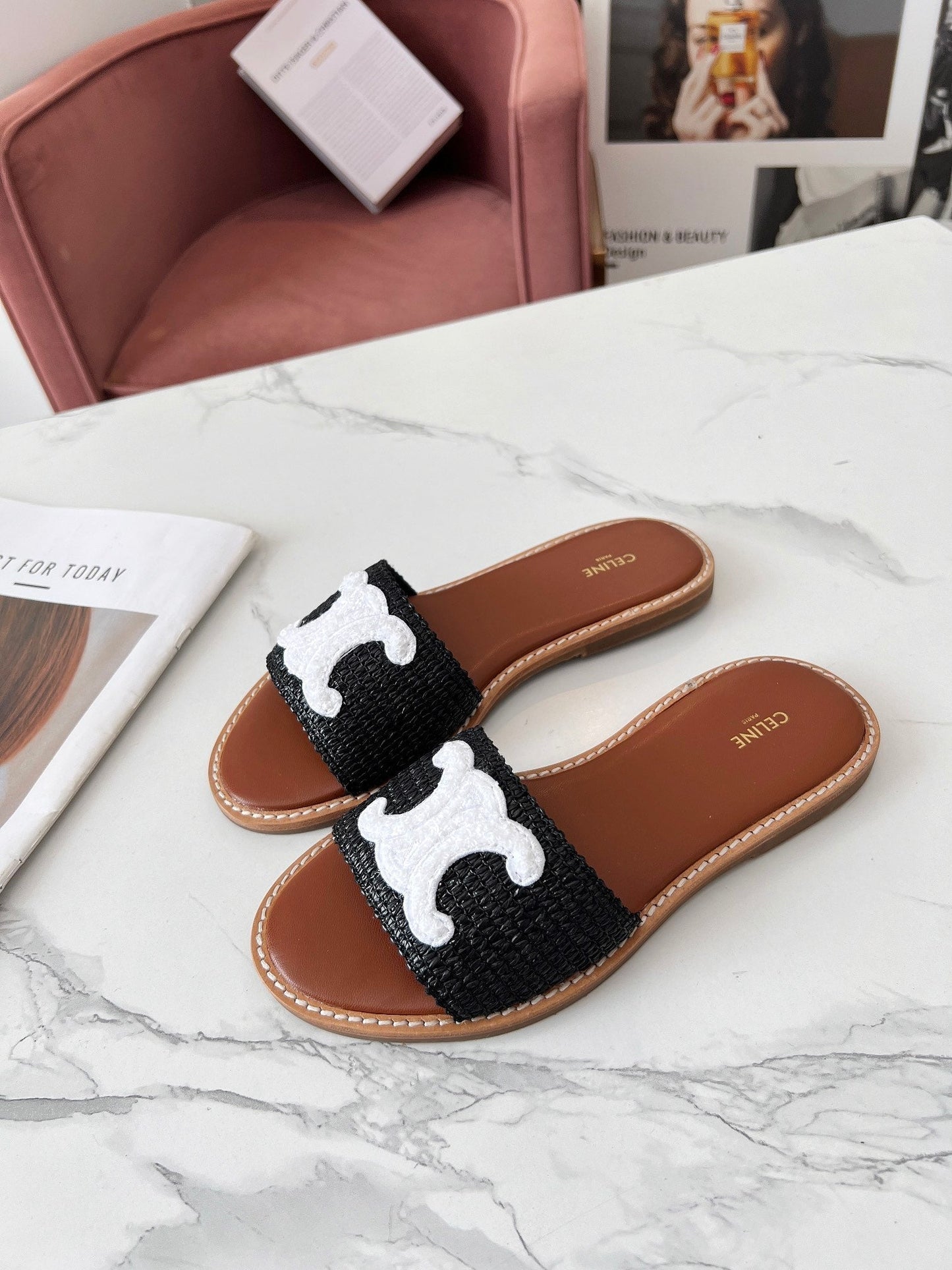 LYMPIA MULE BLACK RAFFIA AND WHITE WOOL LOGO - 35