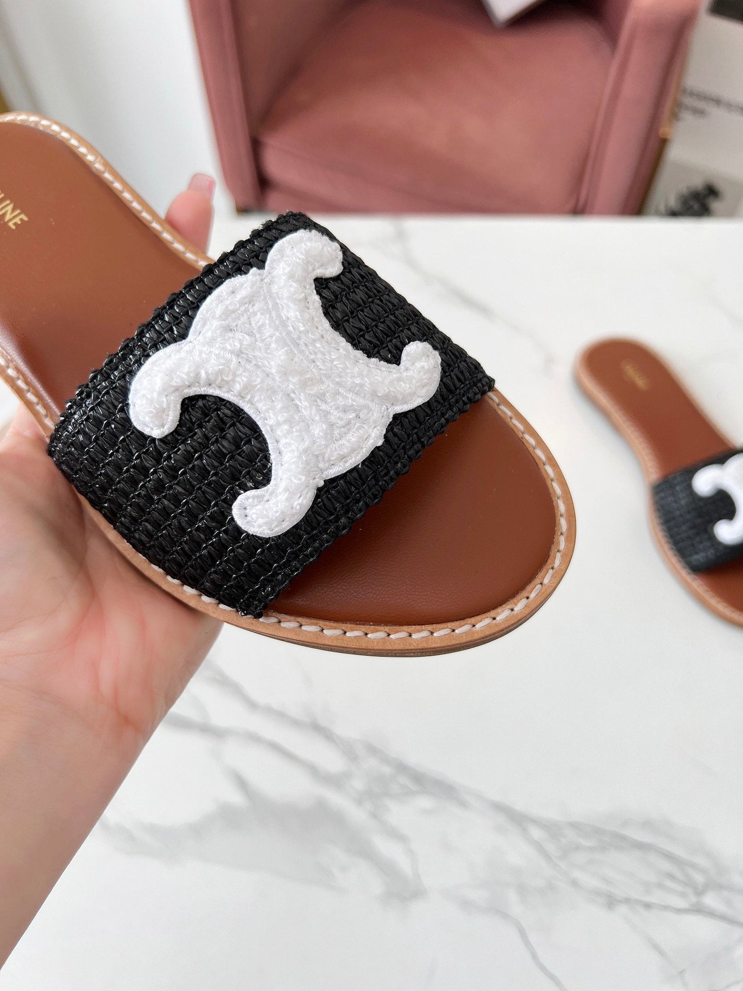 LYMPIA MULE BLACK RAFFIA AND WHITE WOOL LOGO - 35