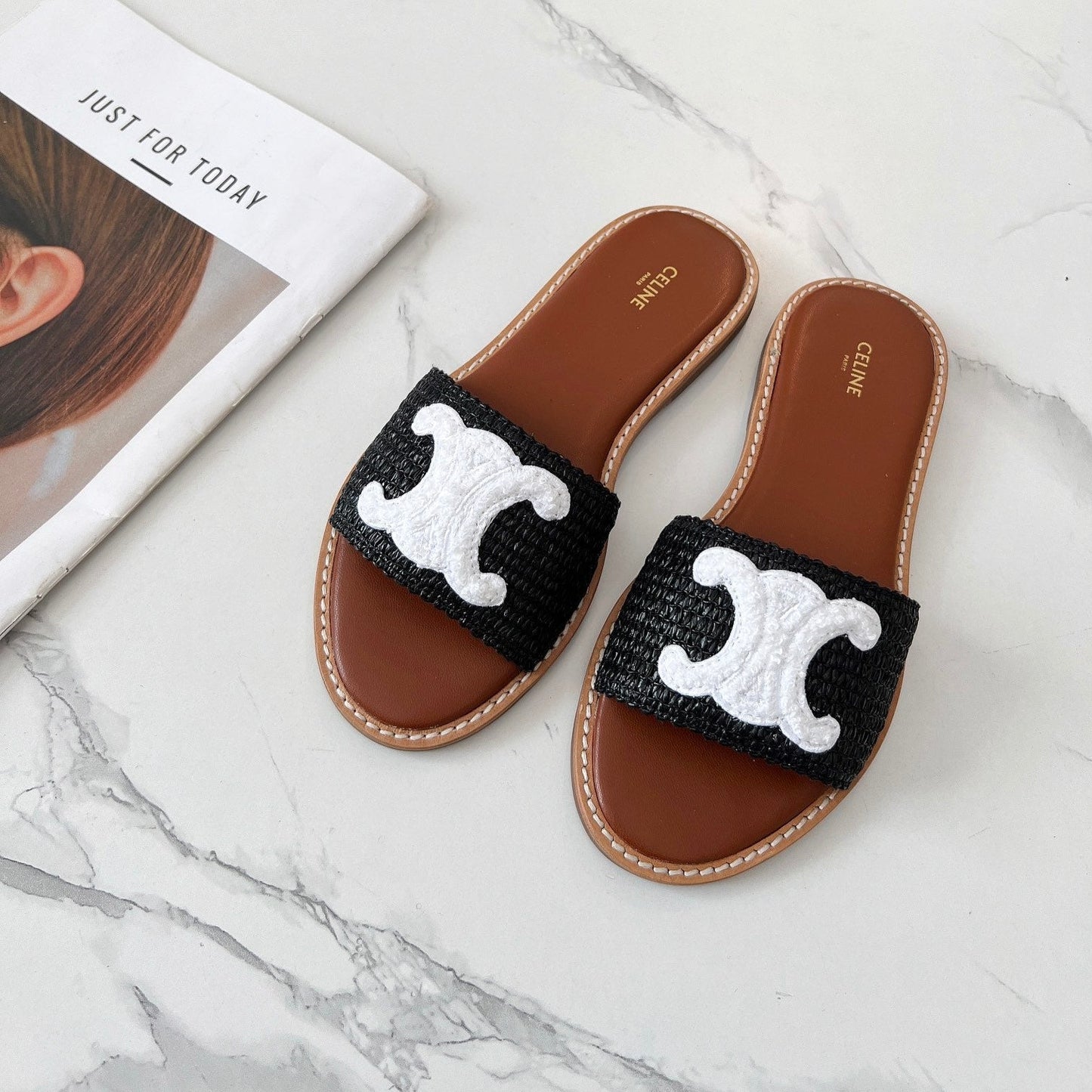 LYMPIA MULE BLACK RAFFIA AND WHITE WOOL LOGO - 35