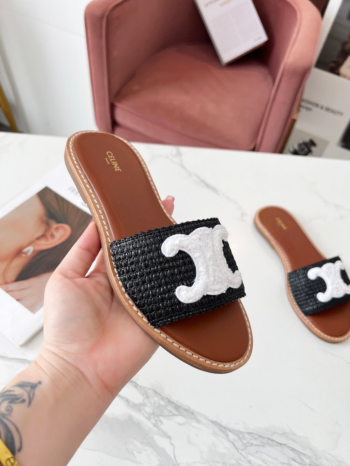LYMPIA MULE BLACK RAFFIA AND WHITE WOOL LOGO - 35