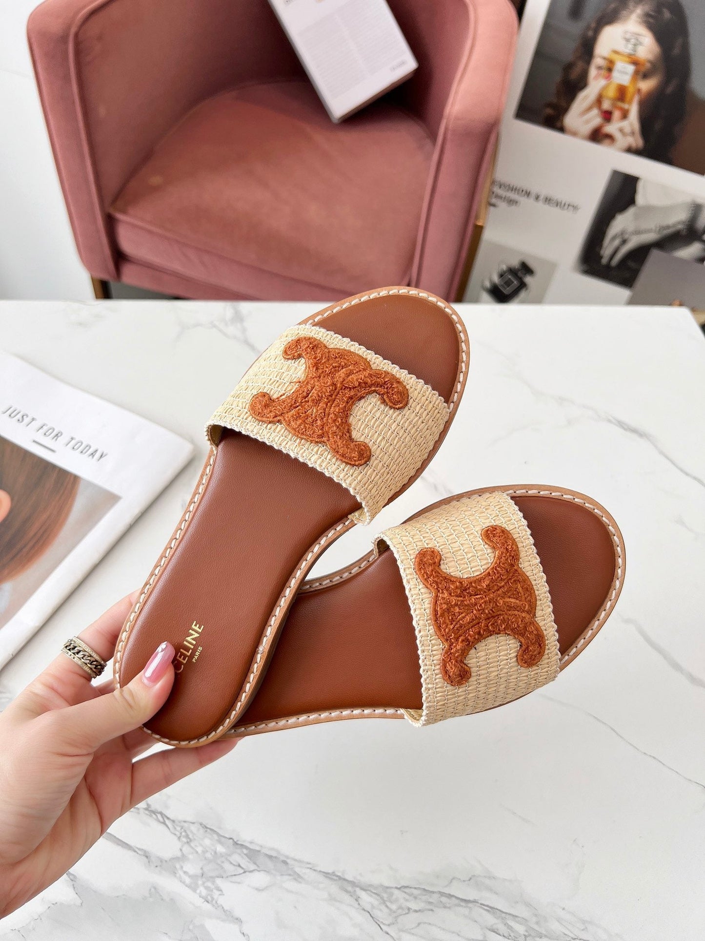 LYMPIA MULE BEIGE RAFFIA AND TAN WOOL - 35