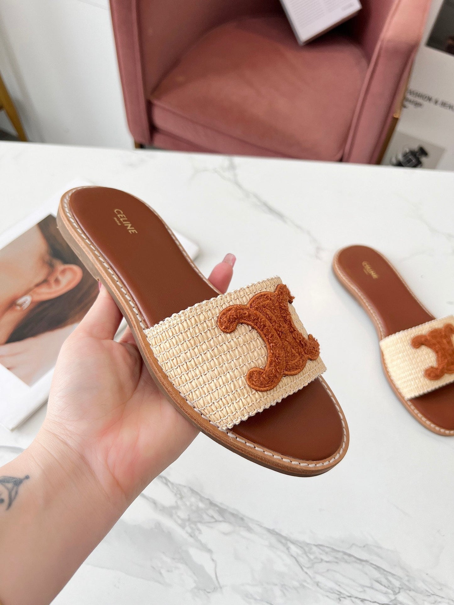 LYMPIA MULE BEIGE RAFFIA AND TAN WOOL - 35