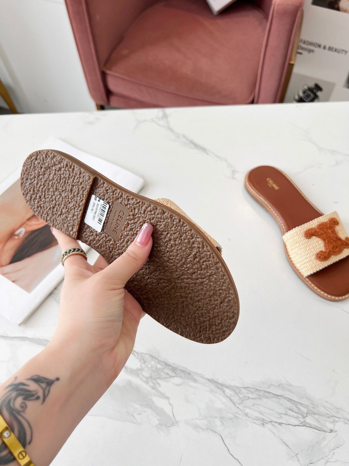 LYMPIA MULE BEIGE RAFFIA AND TAN WOOL - 35