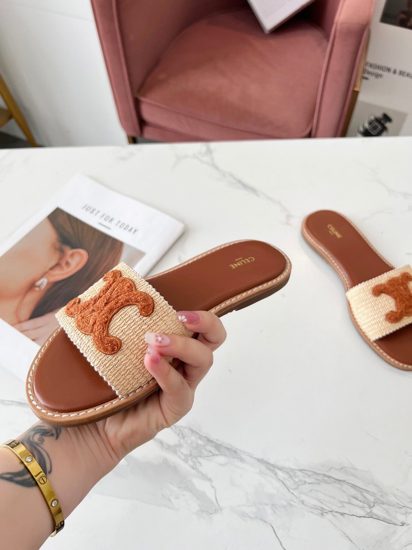 LYMPIA MULE BEIGE RAFFIA AND TAN WOOL - 35