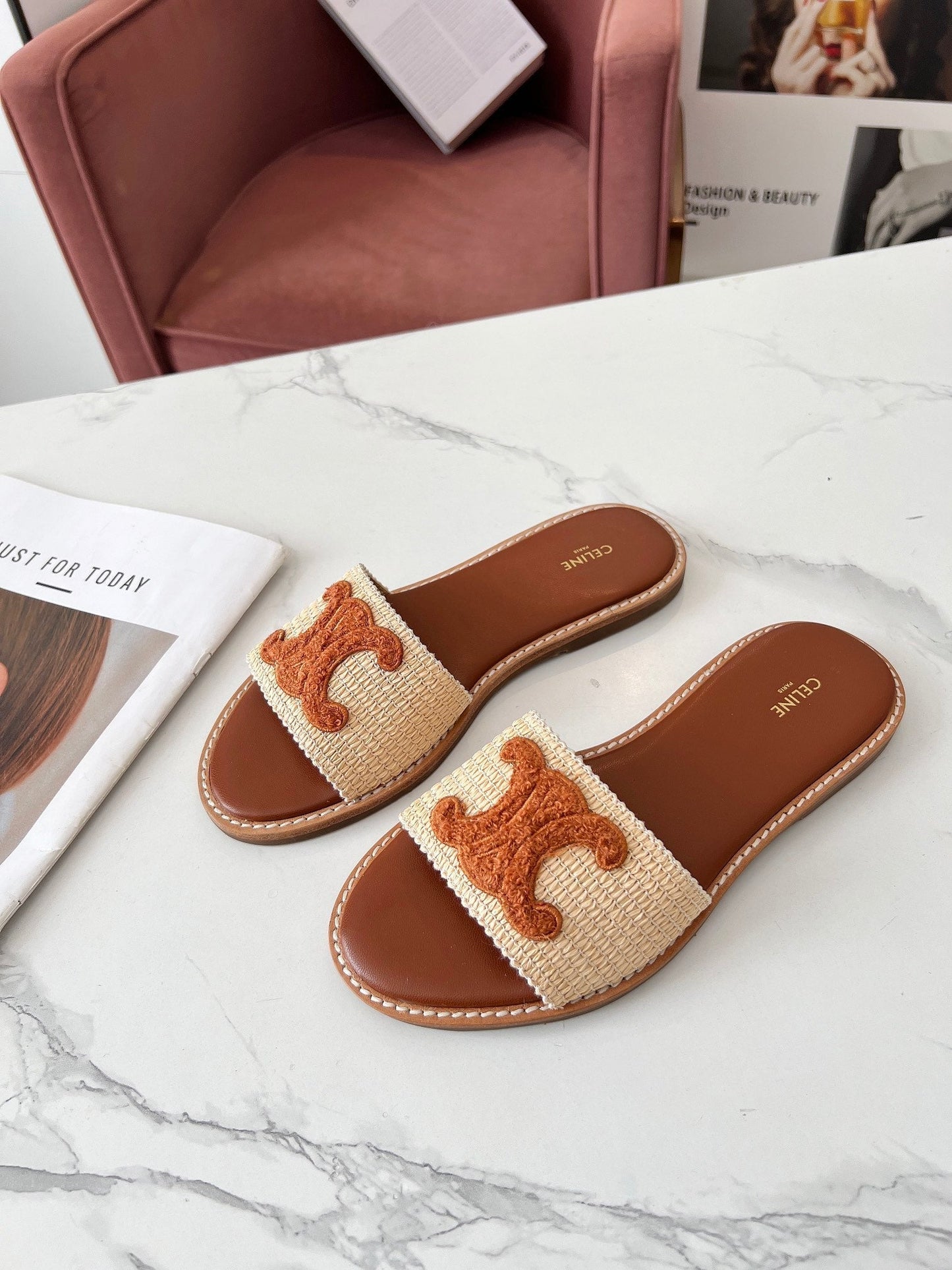 LYMPIA MULE BEIGE RAFFIA AND TAN WOOL - 35