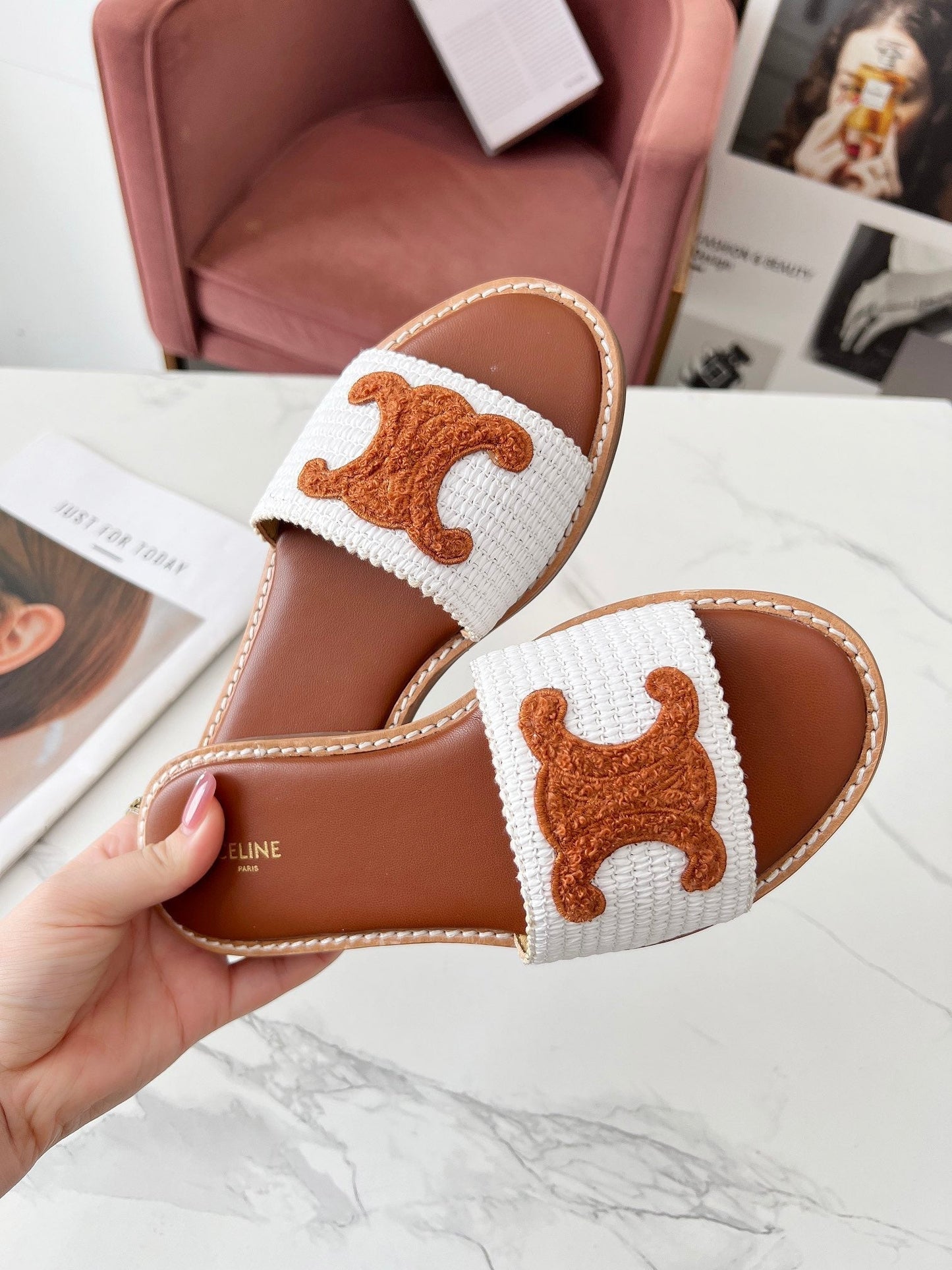LYMPIA MULE WHITE RAFFIA AND TAN WOOL - 35
