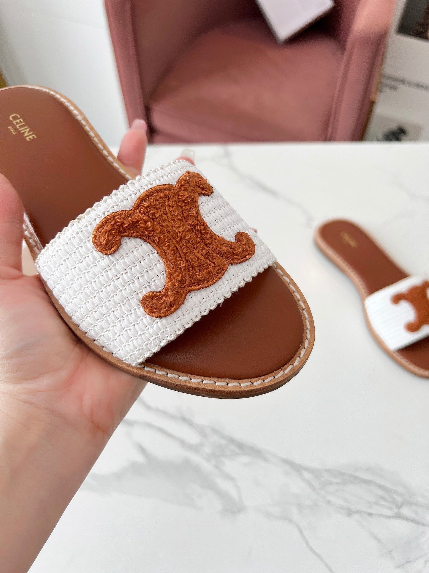 LYMPIA MULE WHITE RAFFIA AND TAN WOOL - 35